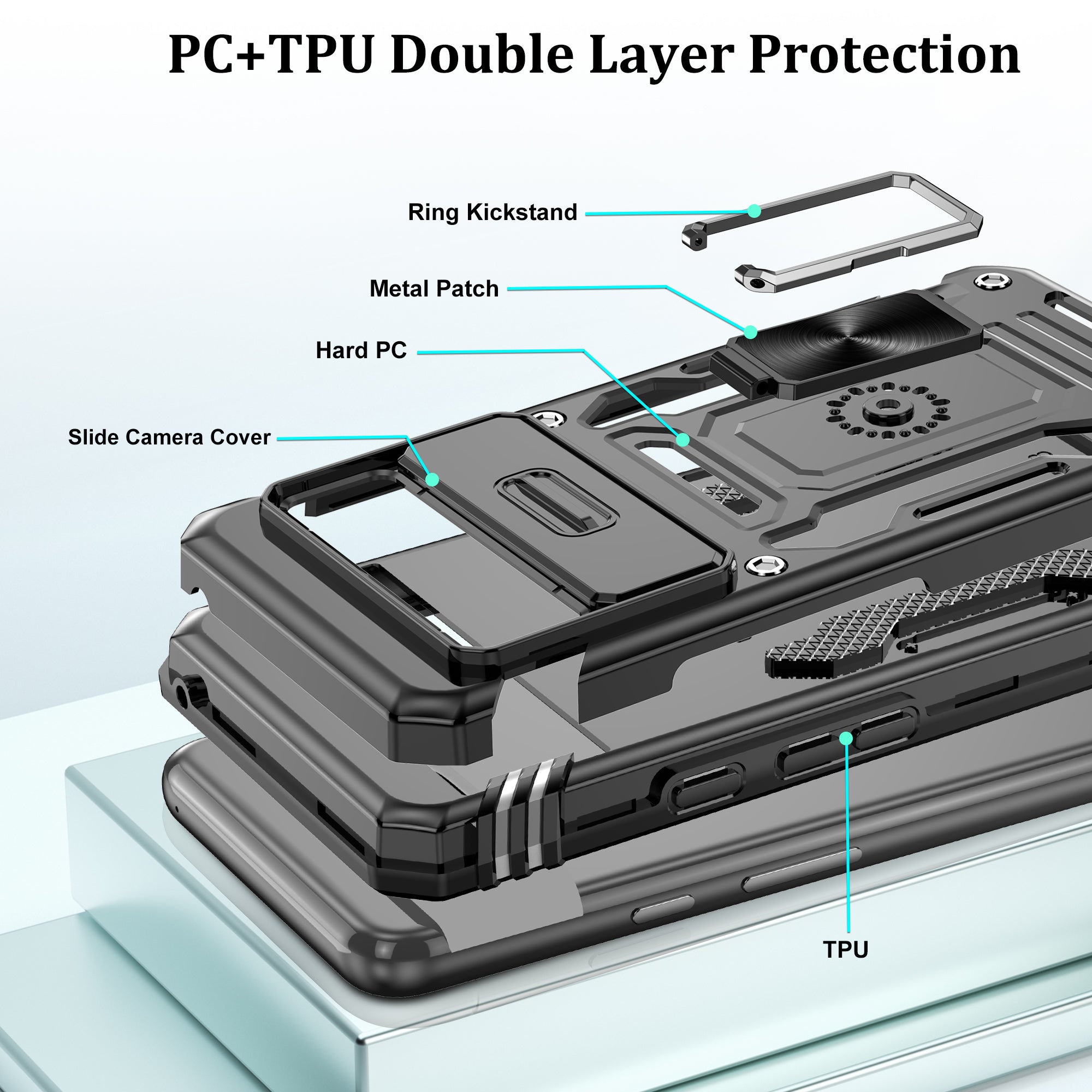 Jshru for Google Pixel 8 Case with Screen Protector,Camera Protective Cover,Ring Stand,Phone Case for Men and Women,Shockproof Bumper Phone Cover