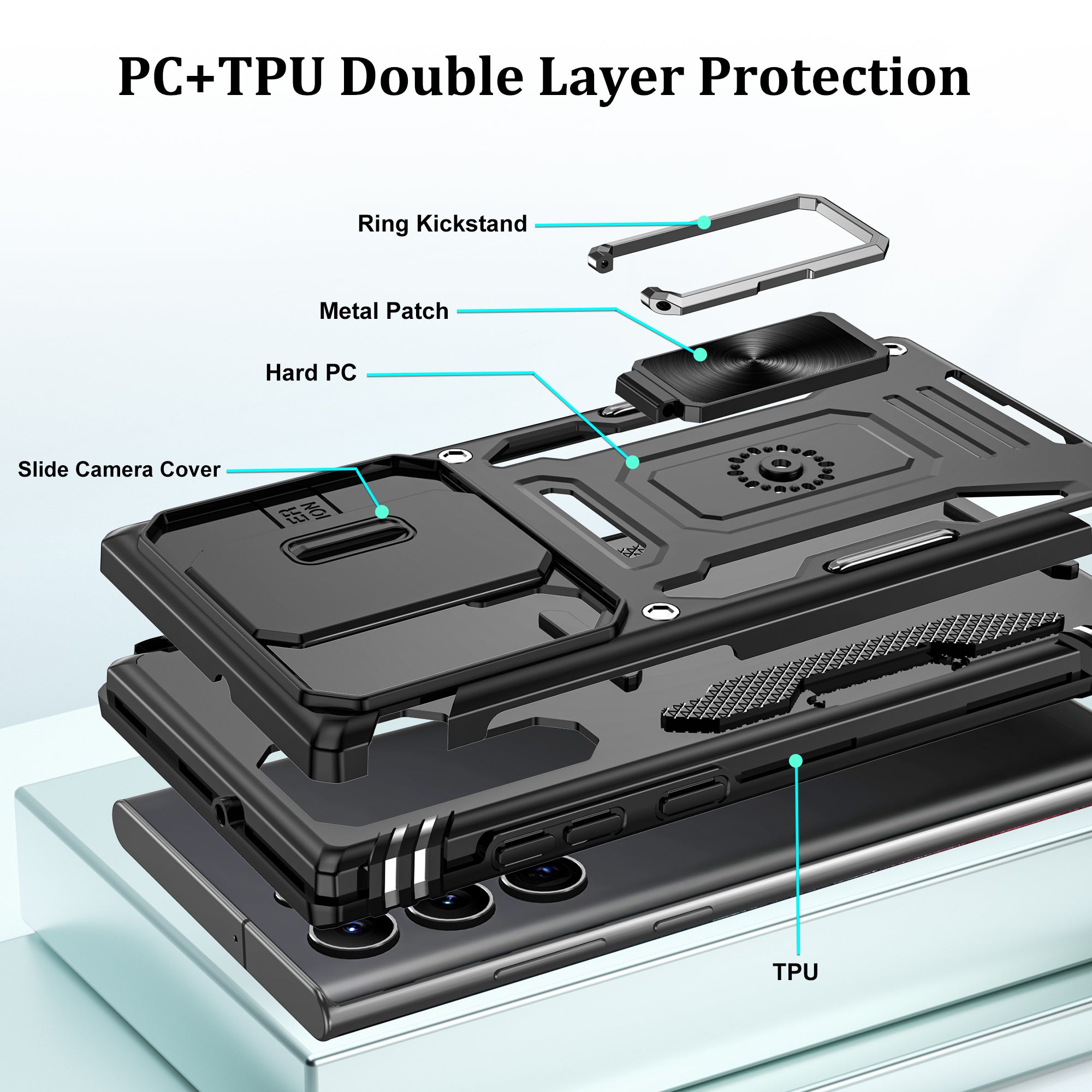 Jshru for Samsung Galaxy S22 Ultra Case with Screen Protector,Camera Protective Cover,Ring Stand,Phone Case for Men and Women,Shockproof Bumper Phone Cover