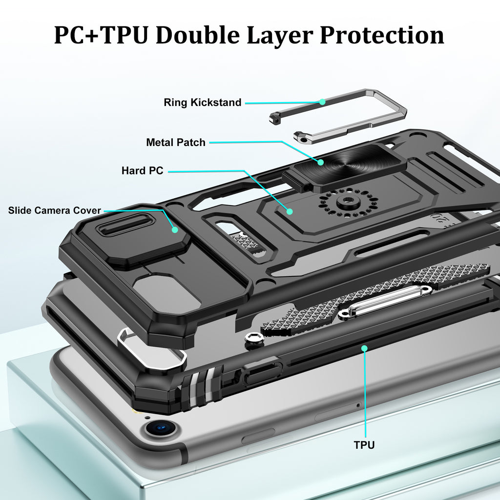 Jshru for iPhone SE 2020/2022 Case with Screen Protector,Camera Protective Cover,Ring Stand,Phone Case for Men and Women,Shockproof Bumper Phone Cover