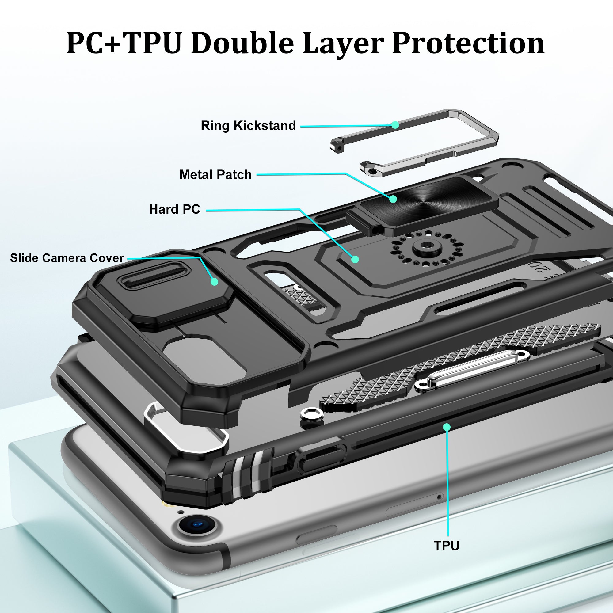 Jshru for iPhone SE 2020/2022 Case with Screen Protector,Camera Protective Cover,Ring Stand,Phone Case for Men and Women,Shockproof Bumper Phone Cover