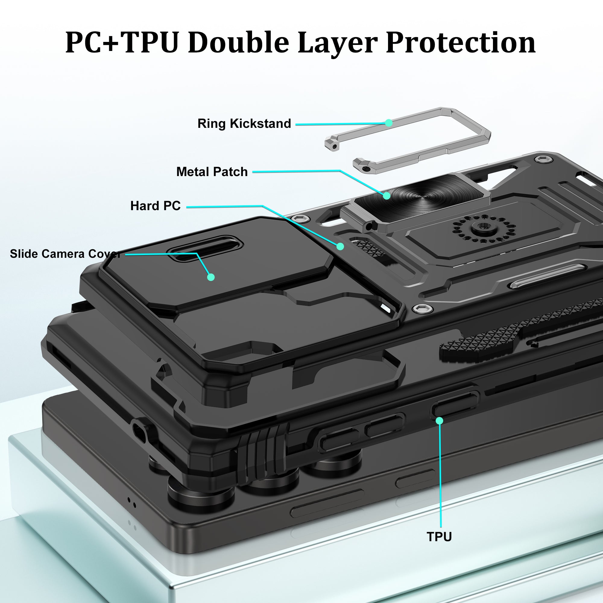 Jshru for Samsung Galaxy S25 Ultra Case with Screen Protector,Camera Protective Cover,Ring Stand,Phone Case for Men and Women,Shockproof Bumper Phone Cover