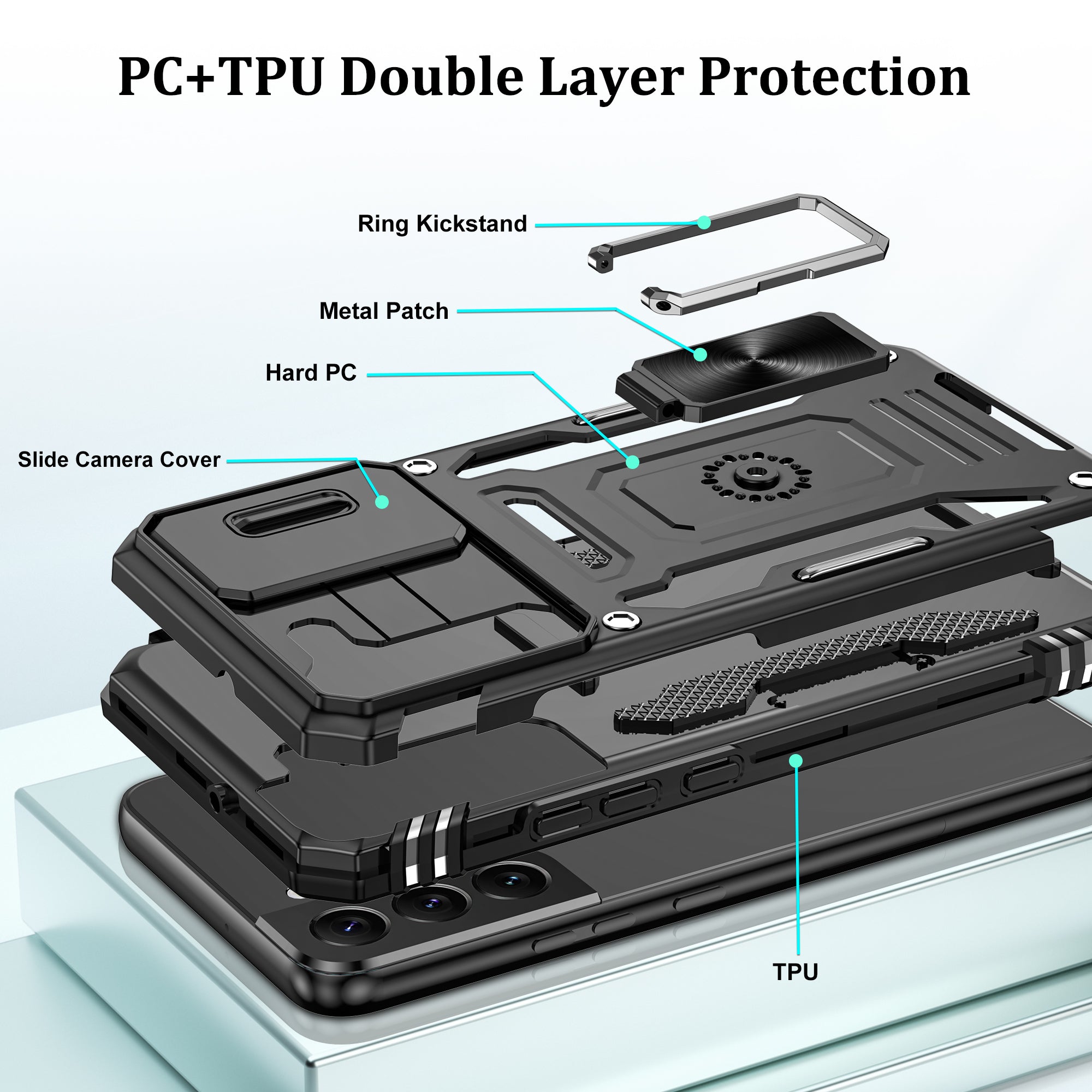 Jshru for Samsung Galaxy S22 Case with Screen Protector,Camera Protective Cover,Ring Stand,Phone Case for Men and Women,Shockproof Bumper Phone Cover