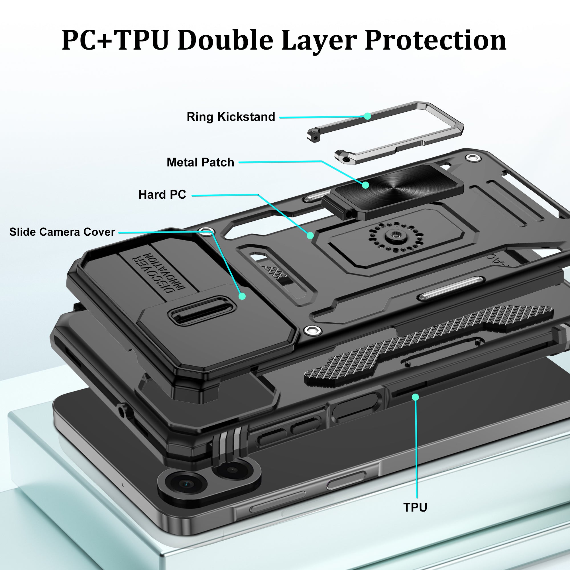 Jshru for Samsung Phone Case with Screen Protector,Camera Protective Cover,Ring Stand,Shockproof Bumper Phone Cover