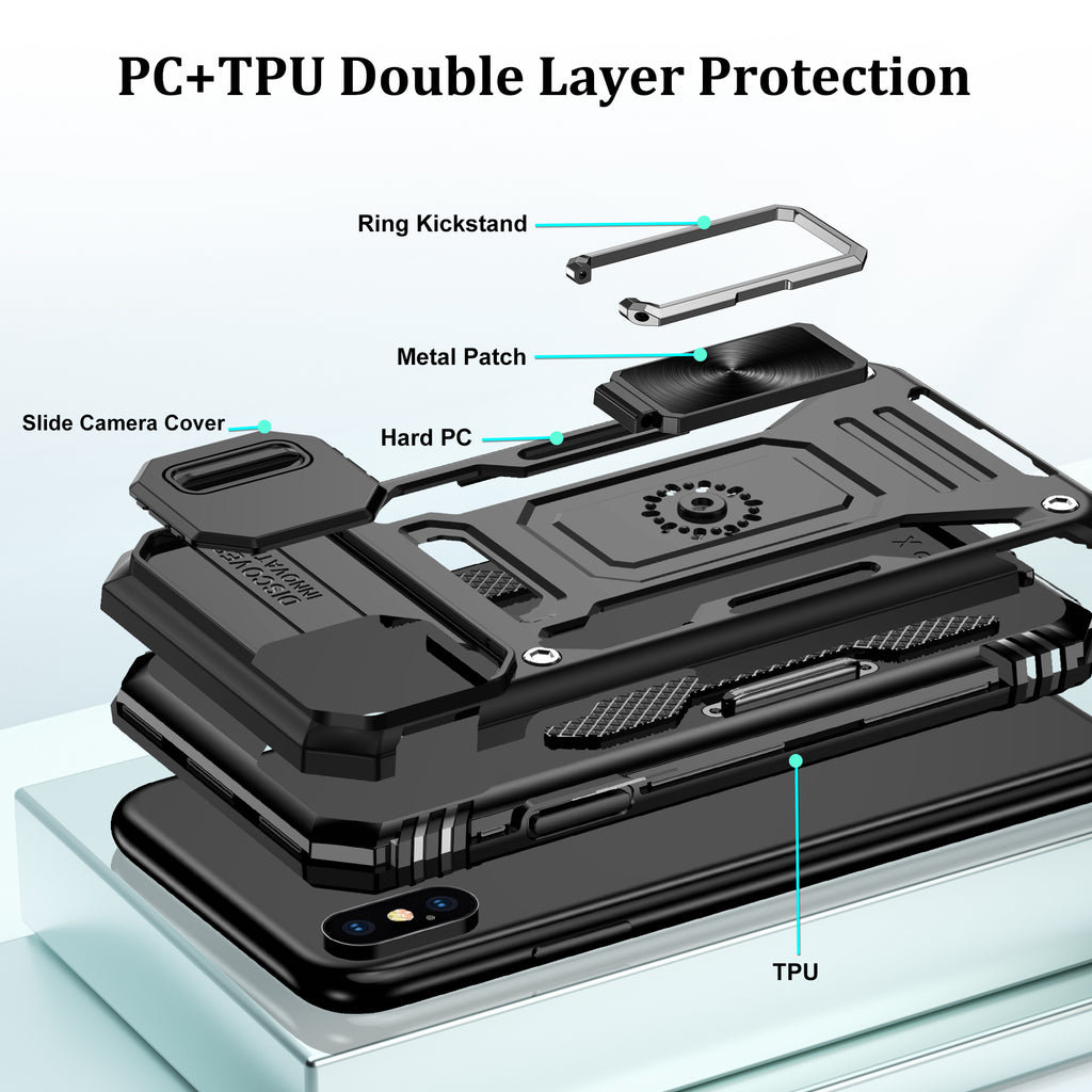 Jshru for iPhone X/XS Case with Screen Protector,Camera Protective Cover,Ring Stand,Phone Case for Men and Women,Shockproof Bumper Phone Cover