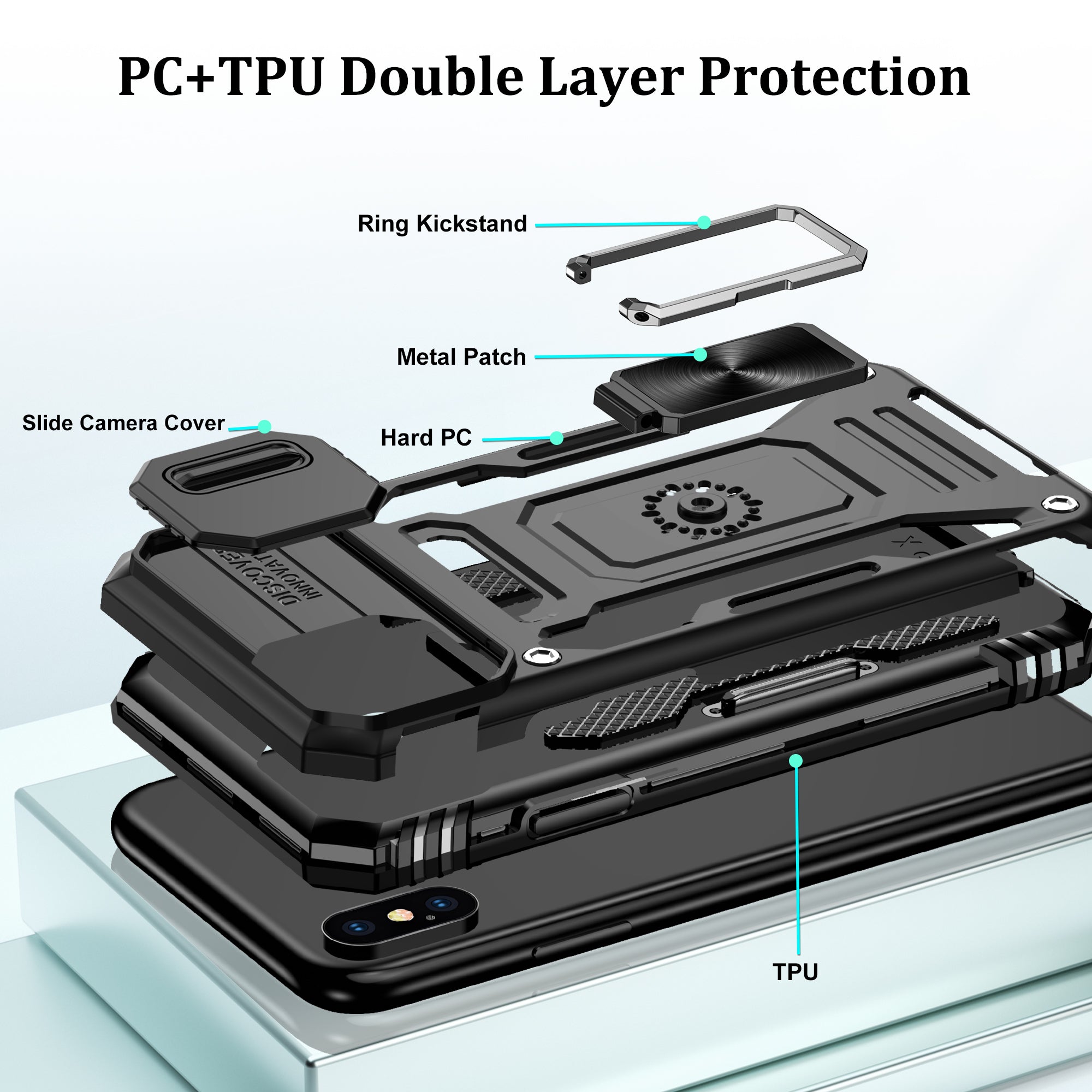 Jshru for iPhone X/XS Case with Screen Protector,Camera Protective Cover,Ring Stand,Phone Case for Men and Women,Shockproof Bumper Phone Cover