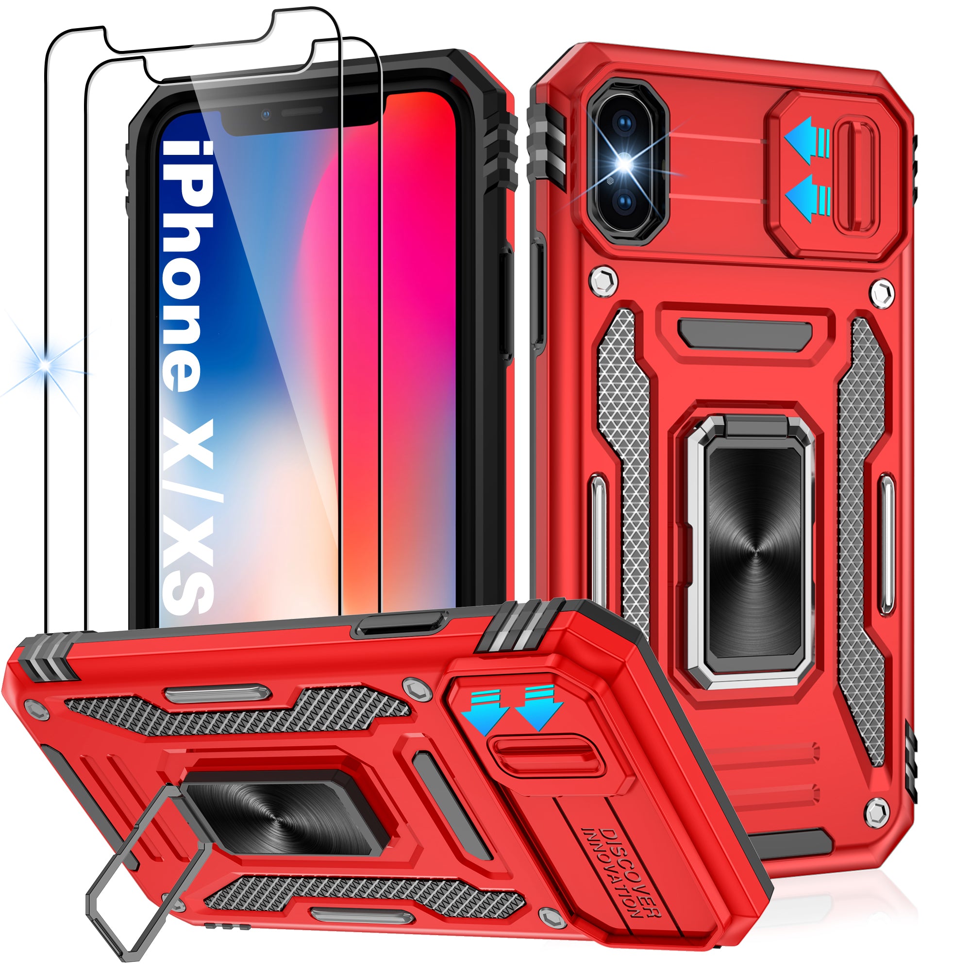 Jshru for iPhone X/XS Case with Screen Protector,Camera Protective Cover,Ring Stand,Phone Case for Men and Women,Shockproof Bumper Phone Cover