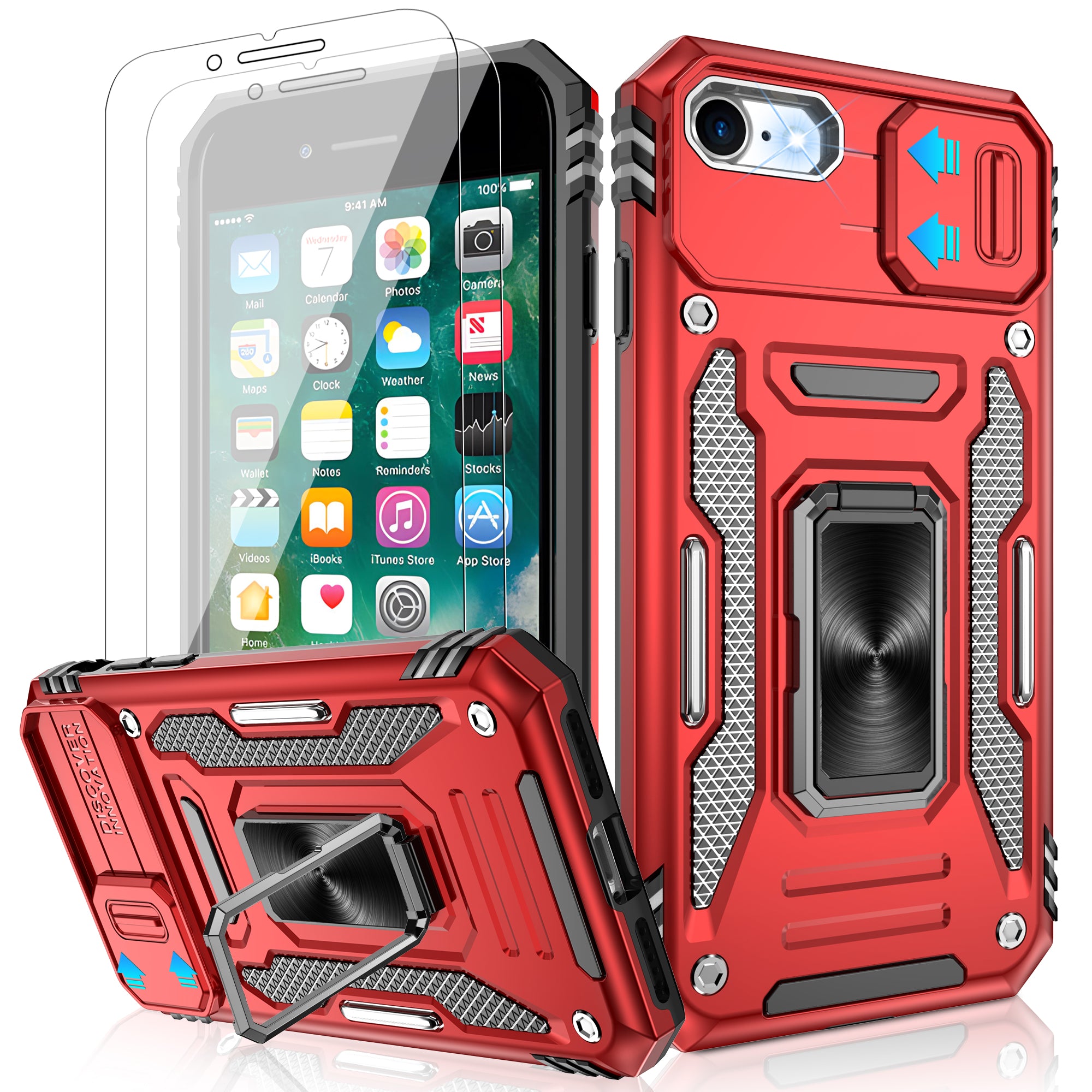 Jshru for iPhone SE 2020/2022 Case with Screen Protector,Camera Protective Cover,Ring Stand,Phone Case for Men and Women,Shockproof Bumper Phone Cover