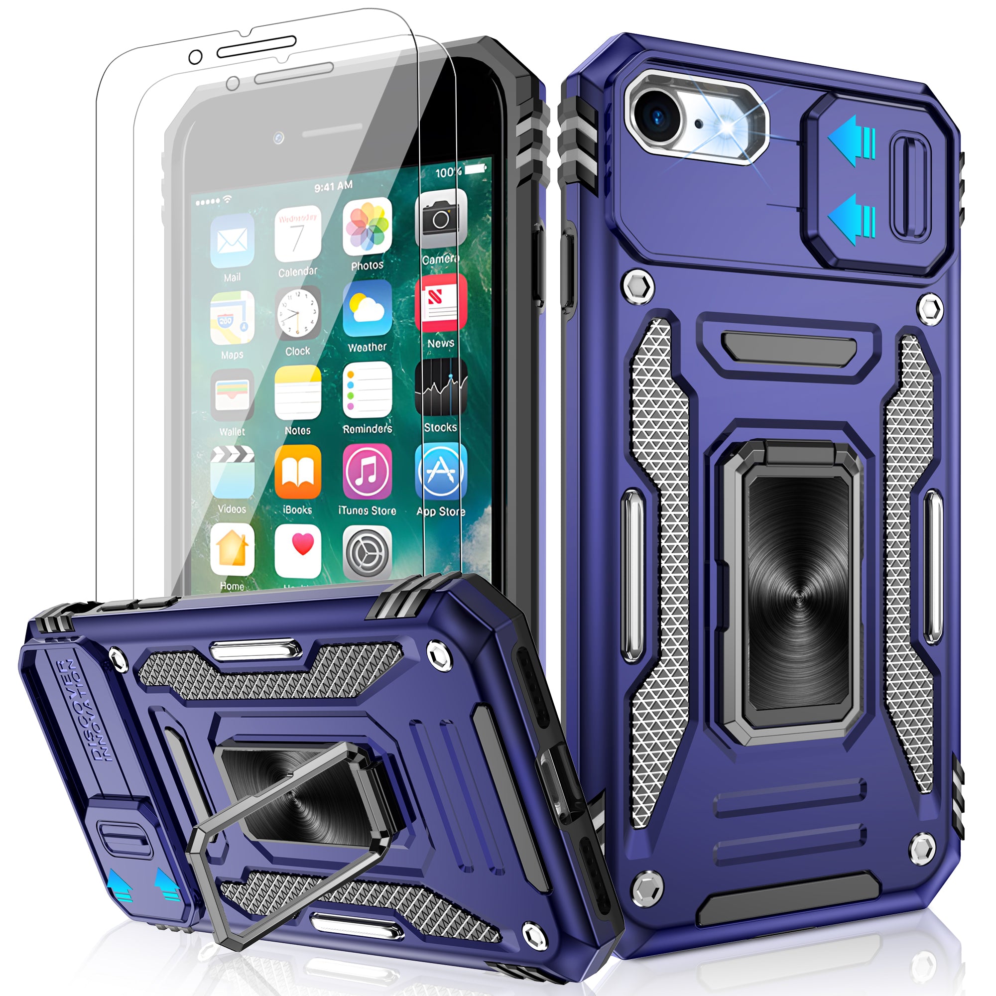 Jshru for iPhone SE 2020/2022 Case with Screen Protector,Camera Protective Cover,Ring Stand,Phone Case for Men and Women,Shockproof Bumper Phone Cover