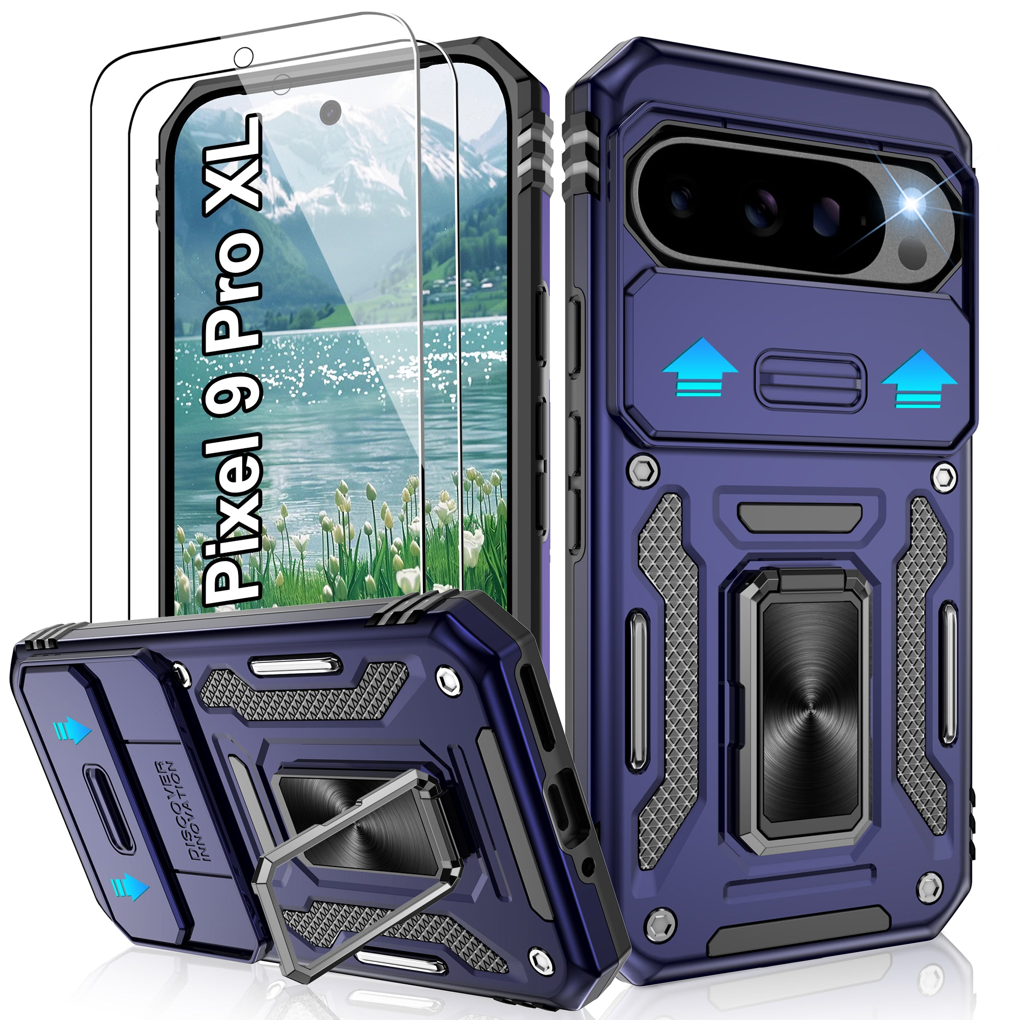 Jshru for Google Pixel 9 Pro XL Case with Screen Protector,Camera Protective Cover,Ring Stand,Phone Case for Men and Women,Shockproof Bumper Phone Cover