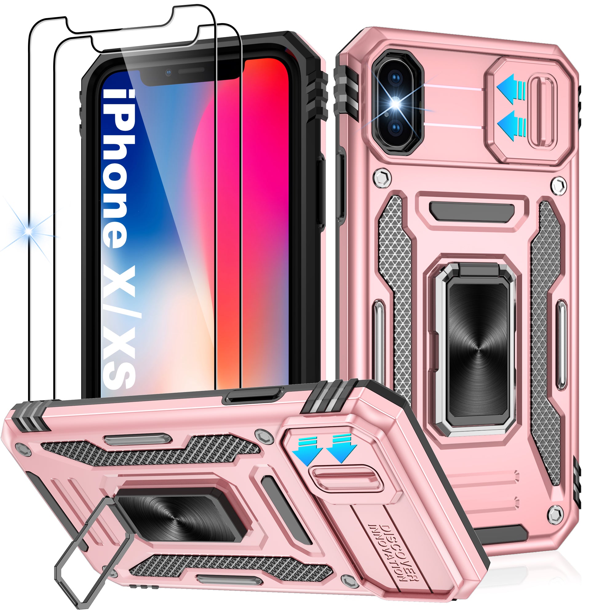 Jshru for iPhone X/XS Case with Screen Protector,Camera Protective Cover,Ring Stand,Phone Case for Men and Women,Shockproof Bumper Phone Cover