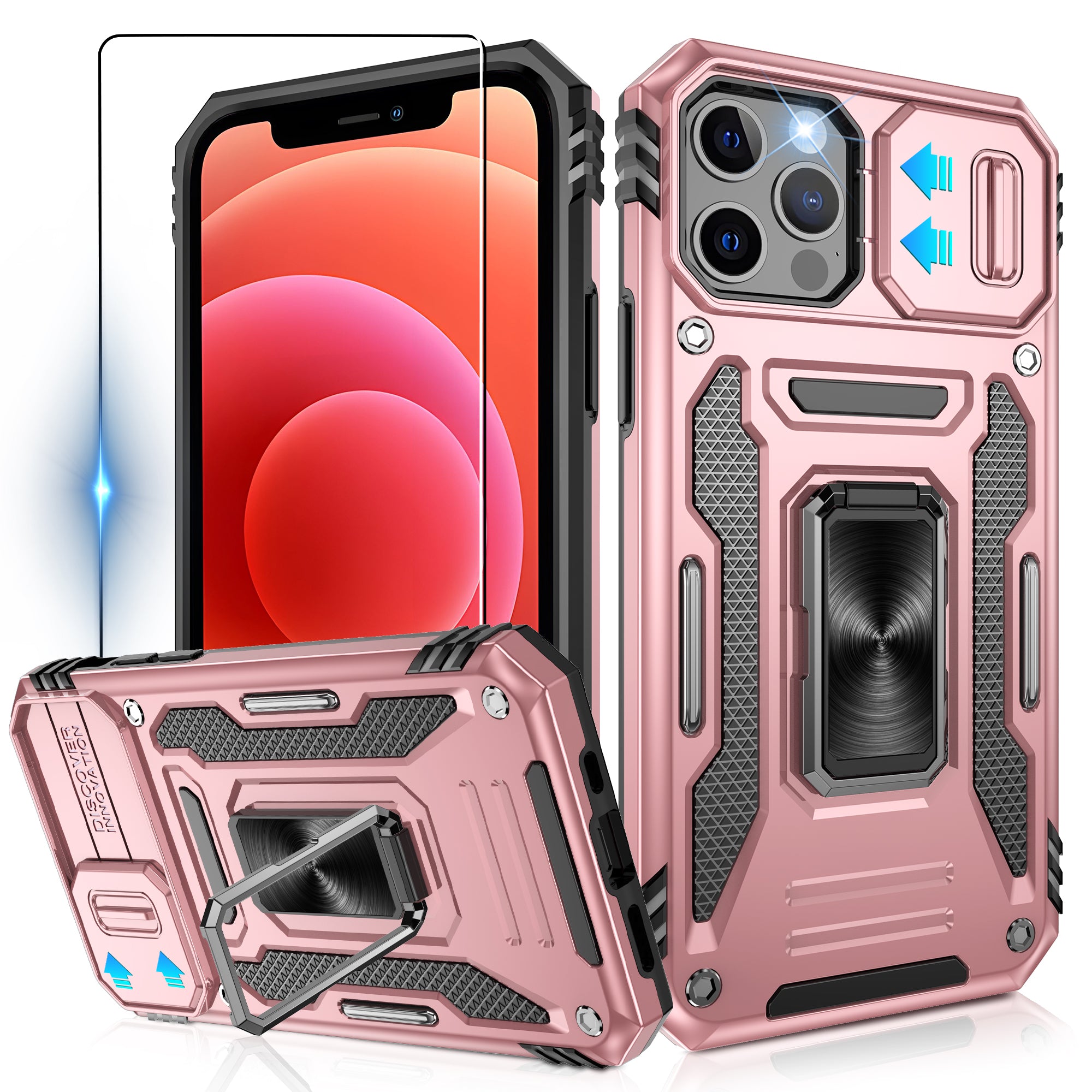 Jshru for iPhone 12/12 Pro Case with Screen Protector,Camera Protective Cover,Ring Stand,Phone Case for Men and Women,Shockproof Bumper Phone Cover