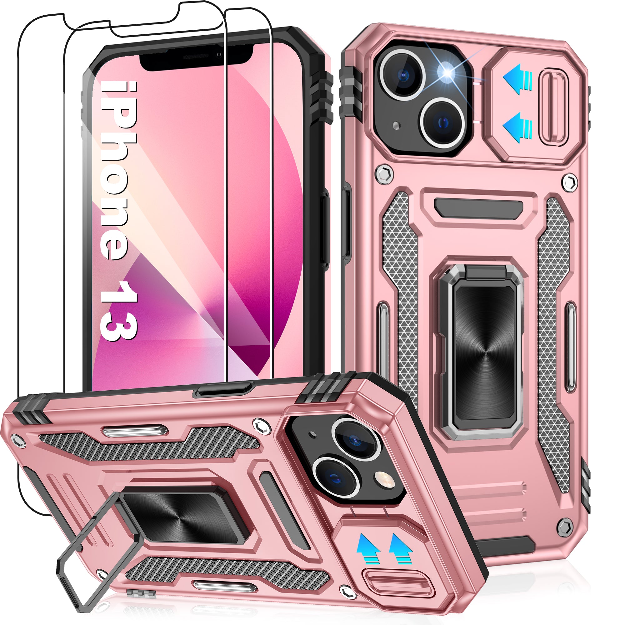 Jshru for iPhone 13 Case with Screen Protector,Camera Protective Cover,Ring Stand,Phone Case for Men and Women,Shockproof Bumper Phone Cover