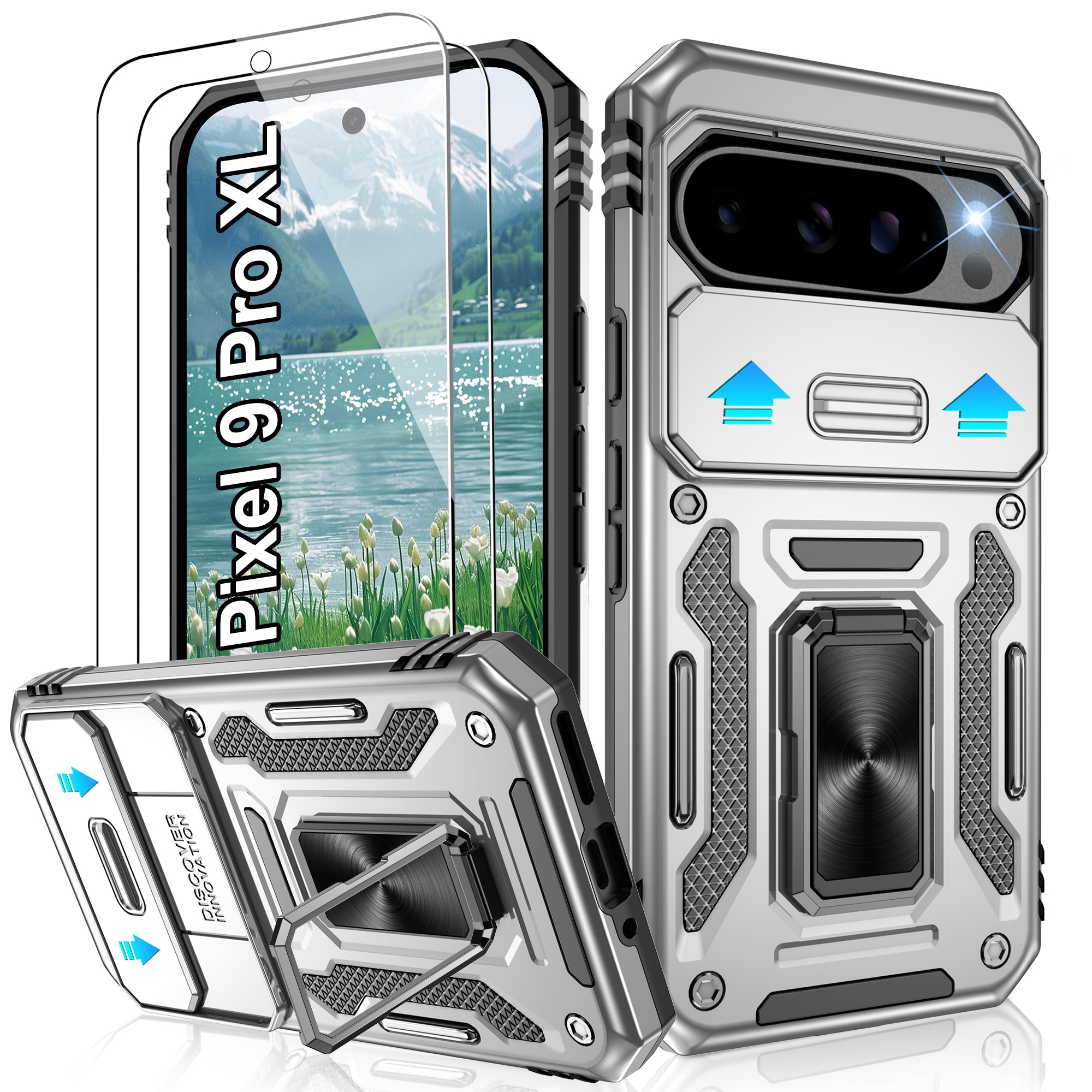 Jshru for Google Pixel 9 Pro XL Case with Screen Protector,Camera Protective Cover,Ring Stand,Phone Case for Men and Women,Shockproof Bumper Phone Cover