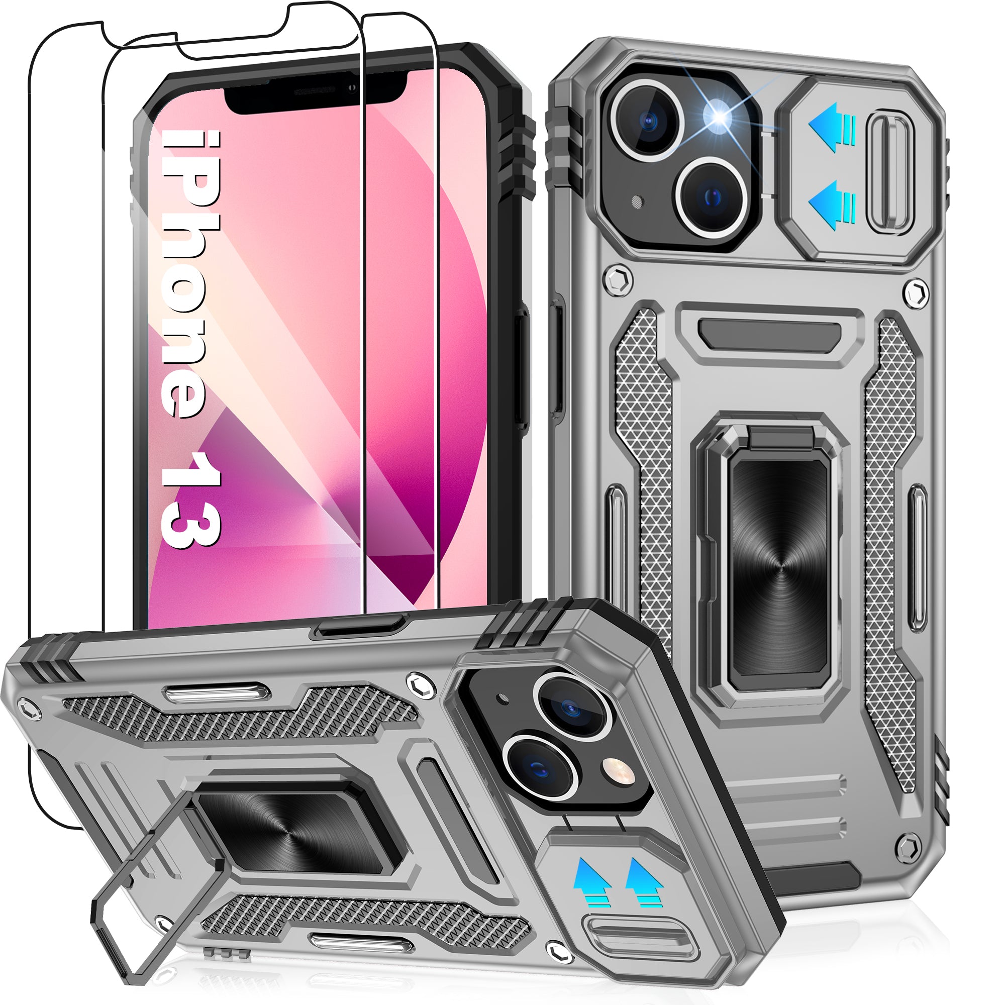 Jshru for iPhone 13 Case with Screen Protector,Camera Protective Cover,Ring Stand,Phone Case for Men and Women,Shockproof Bumper Phone Cover