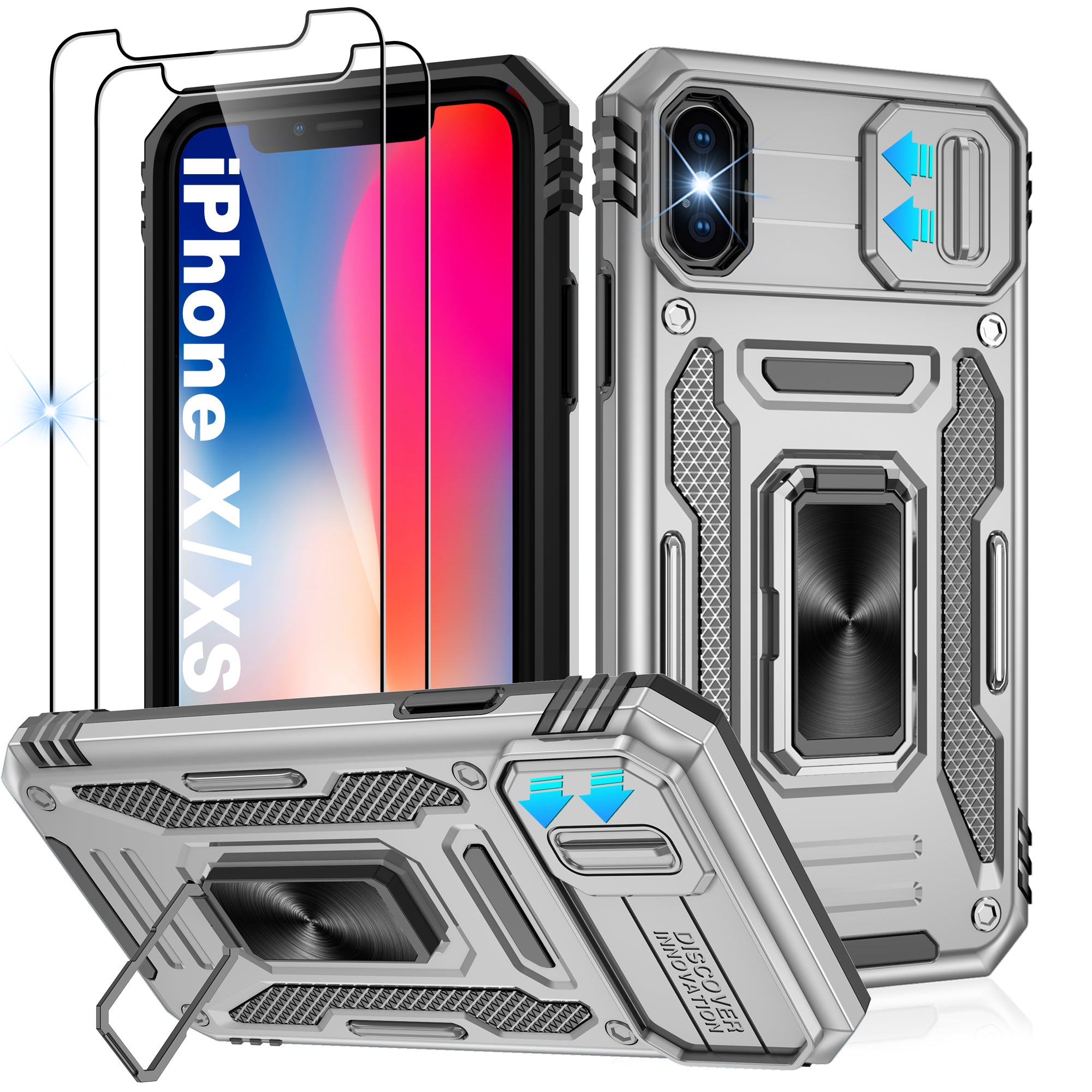 Jshru for iPhone X/XS Case with Screen Protector,Camera Protective Cover,Ring Stand,Phone Case for Men and Women,Shockproof Bumper Phone Cover
