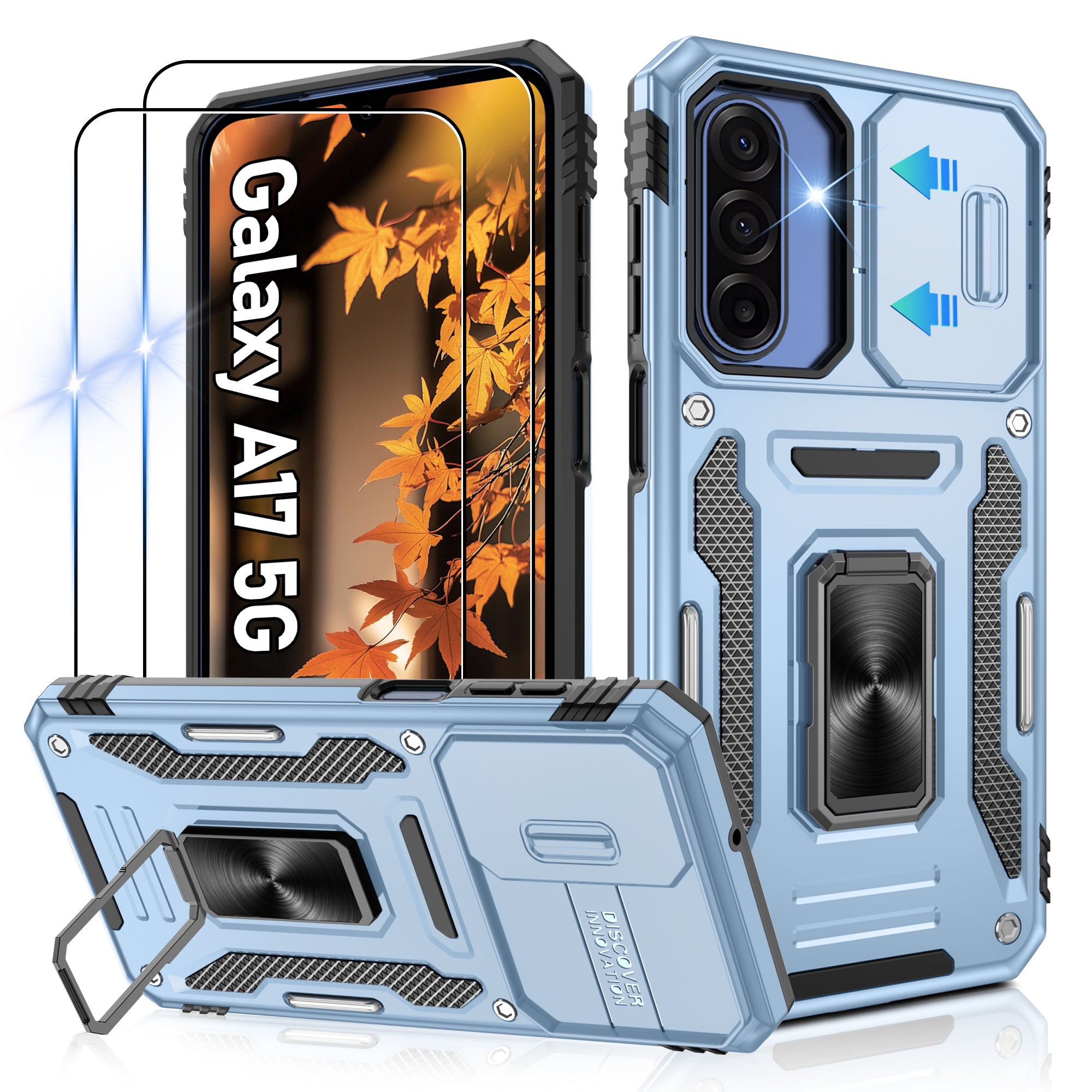 Jshru for Samsung Galaxy A17 Case with Screen Protector,Camera Protective Cover,Ring Stand,Phone Case for Men and Women,Shockproof Bumper Phone Cover