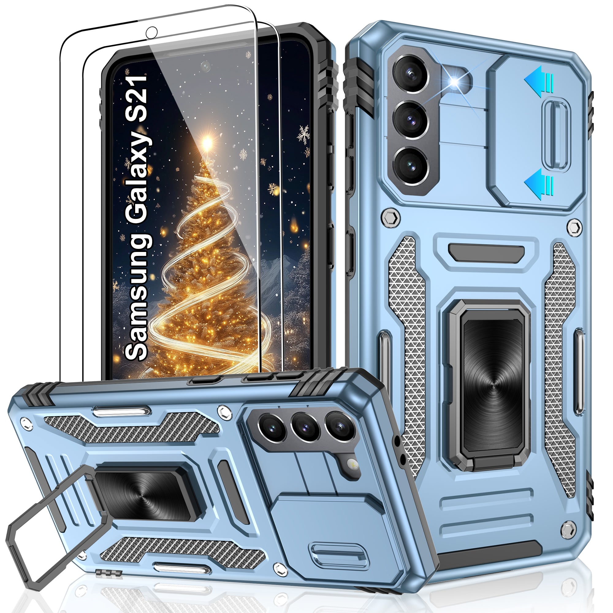 Jshru for Samsung Galaxy S21 Case with Screen Protector,Camera Protective Cover,Ring Stand,Phone Case for Men and Women,Shockproof Bumper Phone Cover