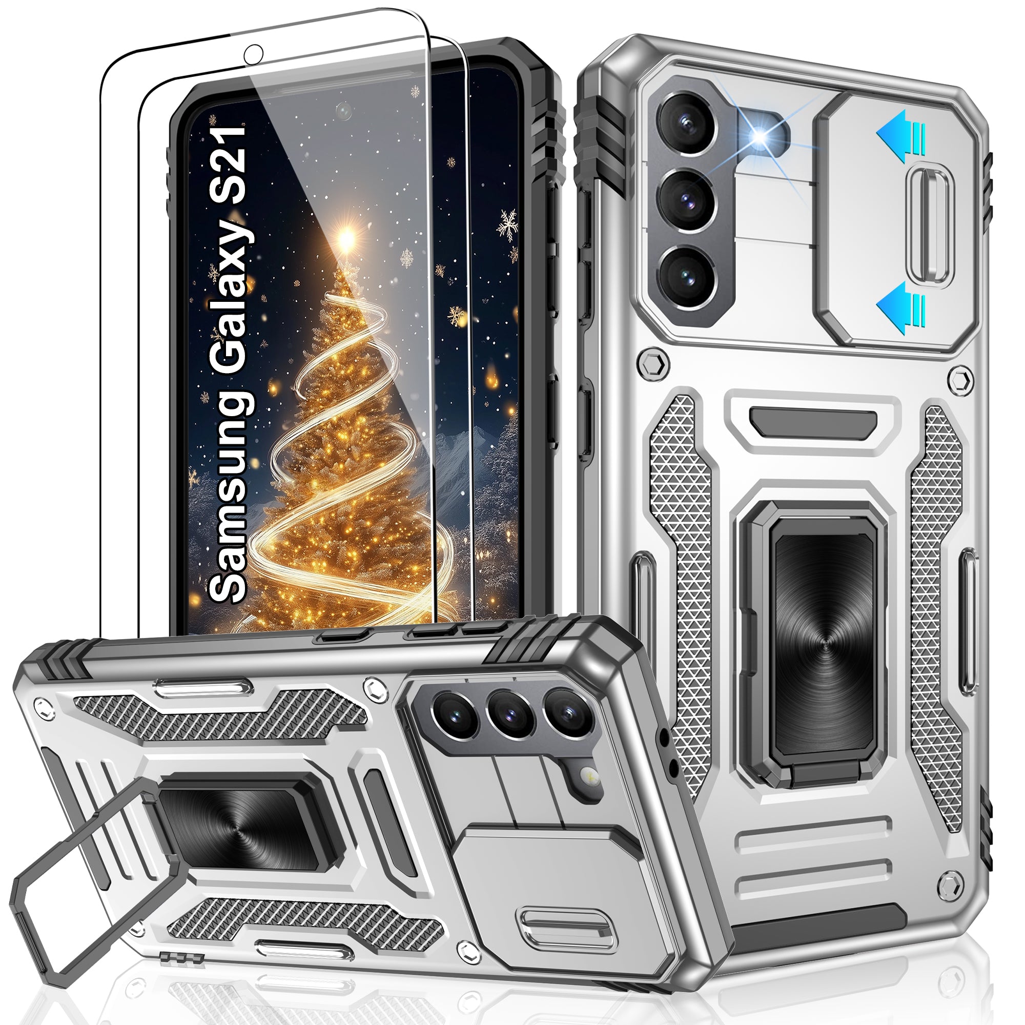 Jshru for Samsung Galaxy S21 Case with Screen Protector,Camera Protective Cover,Ring Stand,Phone Case for Men and Women,Shockproof Bumper Phone Cover