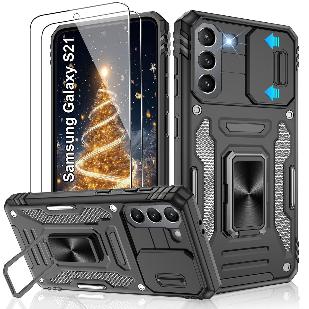 Jshru for Samsung Galaxy S21 Case with Screen Protector,Camera Protective Cover,Ring Stand,Phone Case for Men and Women,Shockproof Bumper Phone Cover