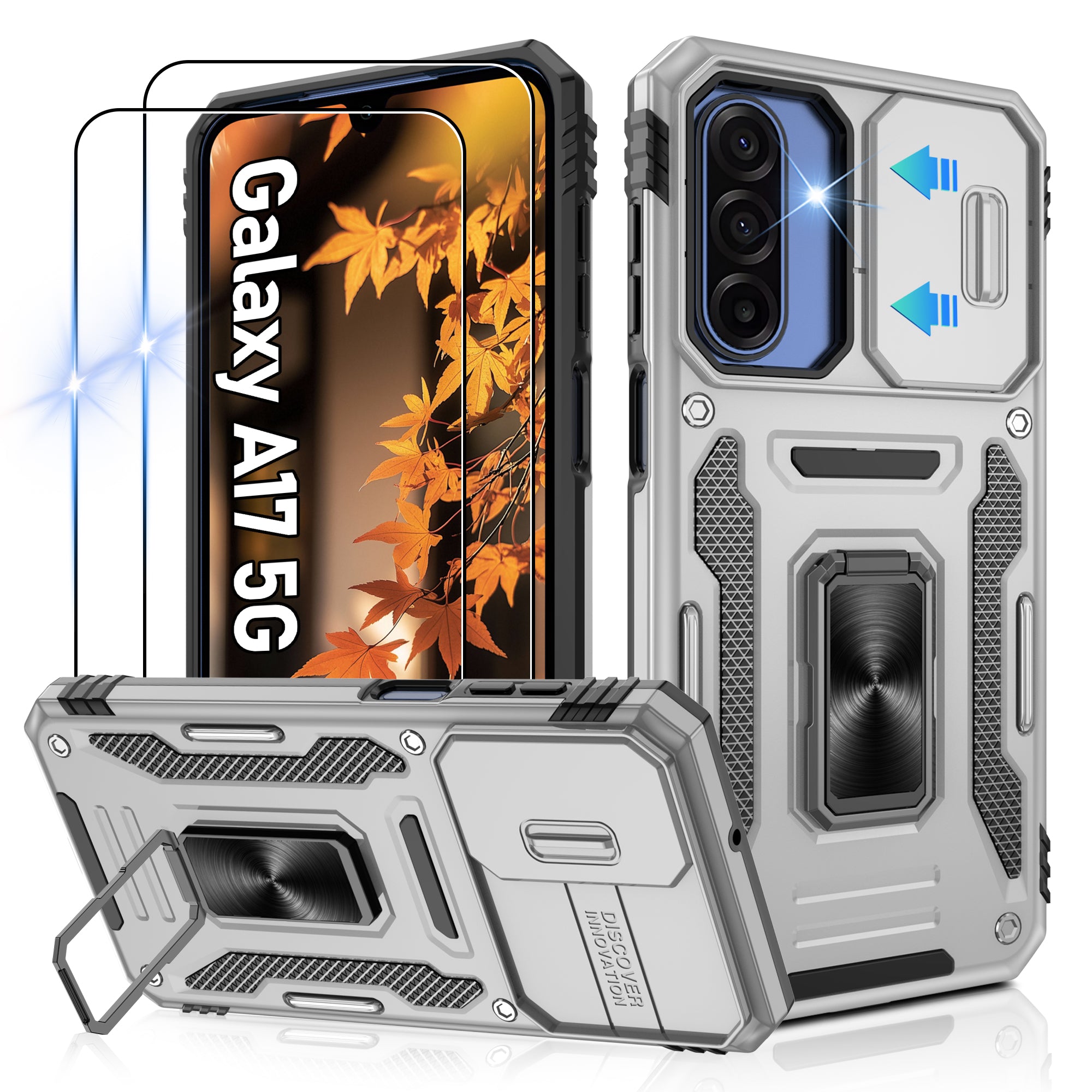 Jshru for Samsung Galaxy A17 Case with Screen Protector,Camera Protective Cover,Ring Stand,Phone Case for Men and Women,Shockproof Bumper Phone Cover