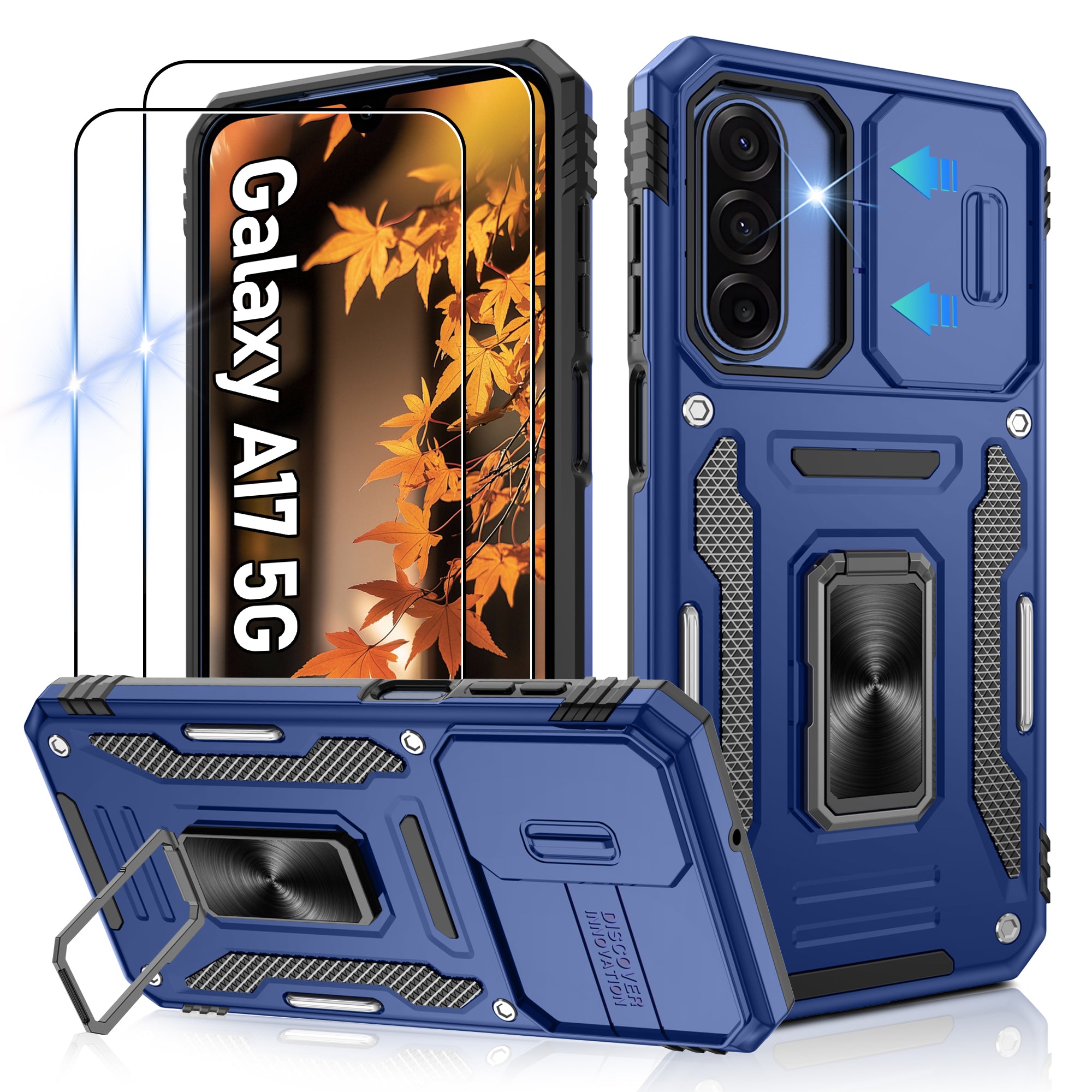 Jshru for Samsung Galaxy A17 Case with Screen Protector,Camera Protective Cover,Ring Stand,Phone Case for Men and Women,Shockproof Bumper Phone Cover