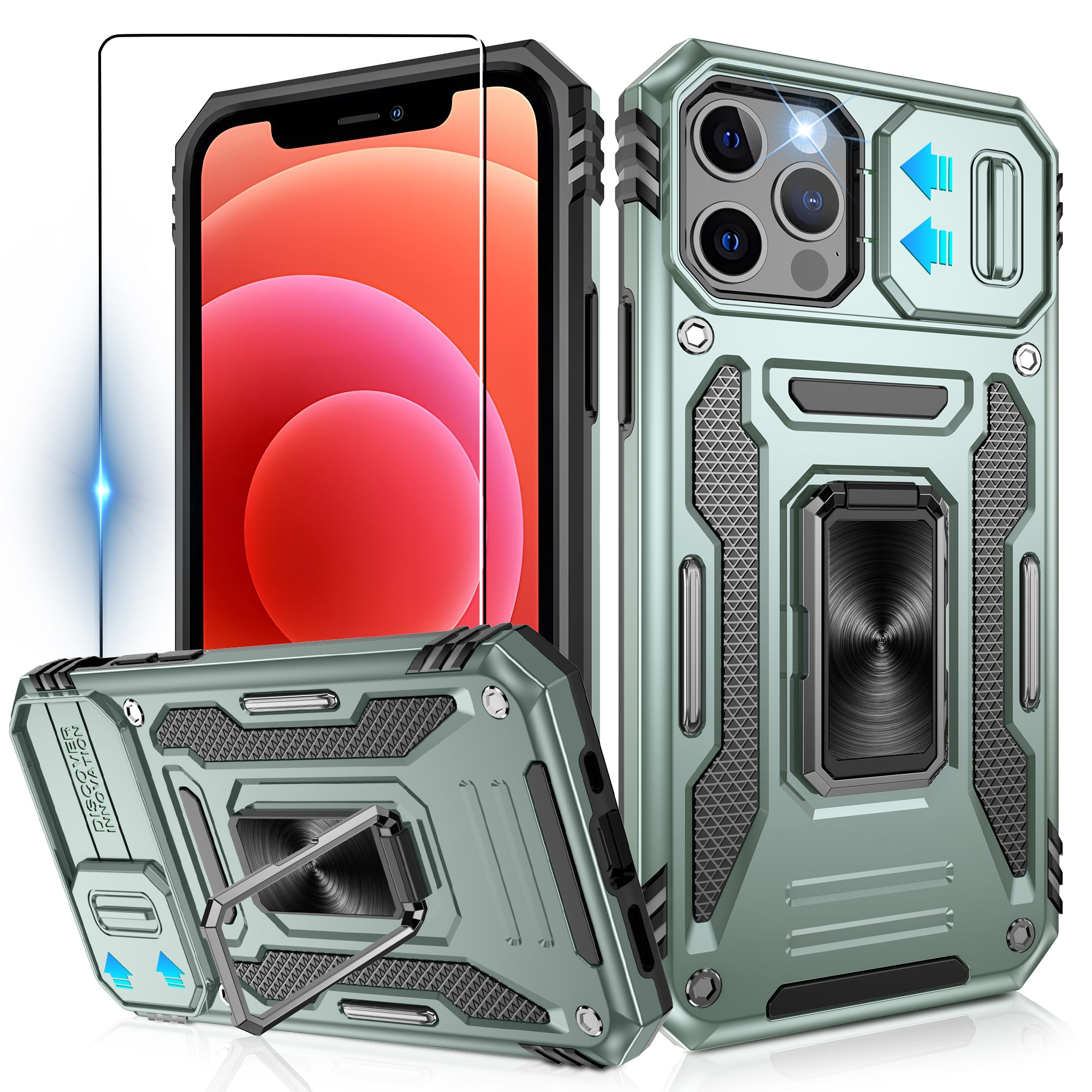 Jshru for iPhone 12/12 Pro Case with Screen Protector,Camera Protective Cover,Ring Stand,Phone Case for Men and Women,Shockproof Bumper Phone Cover