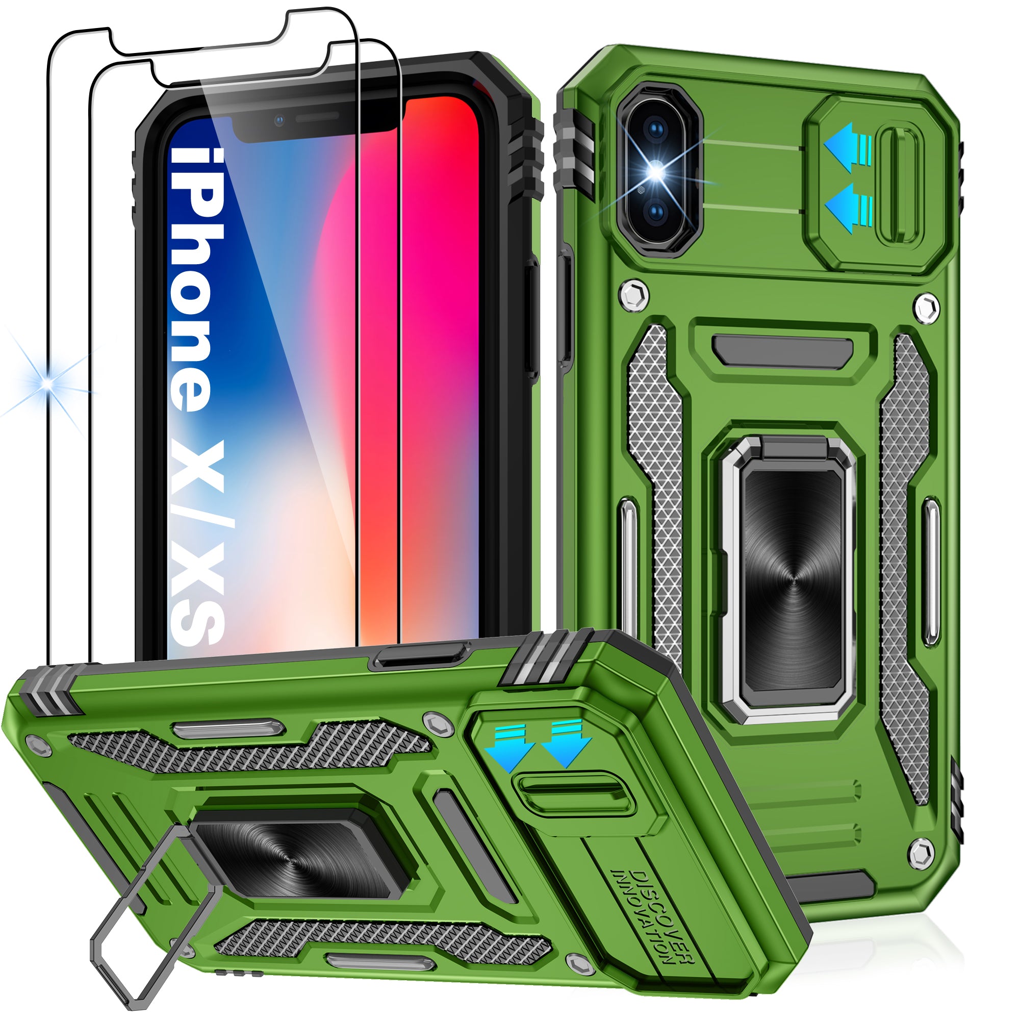 Jshru for iPhone X/XS Case with Screen Protector,Camera Protective Cover,Ring Stand,Phone Case for Men and Women,Shockproof Bumper Phone Cover