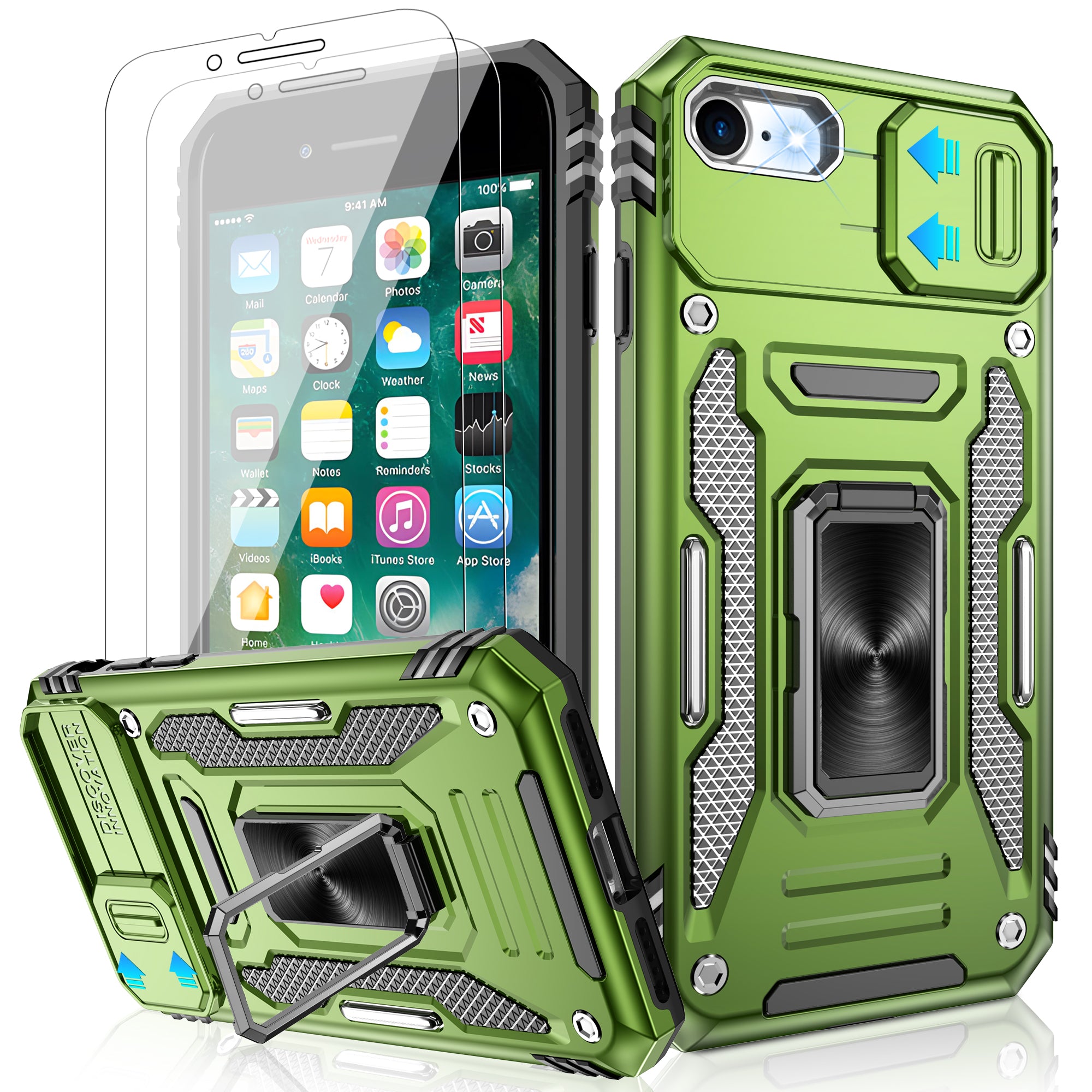 Jshru for iPhone SE 2020/2022 Case with Screen Protector,Camera Protective Cover,Ring Stand,Phone Case for Men and Women,Shockproof Bumper Phone Cover