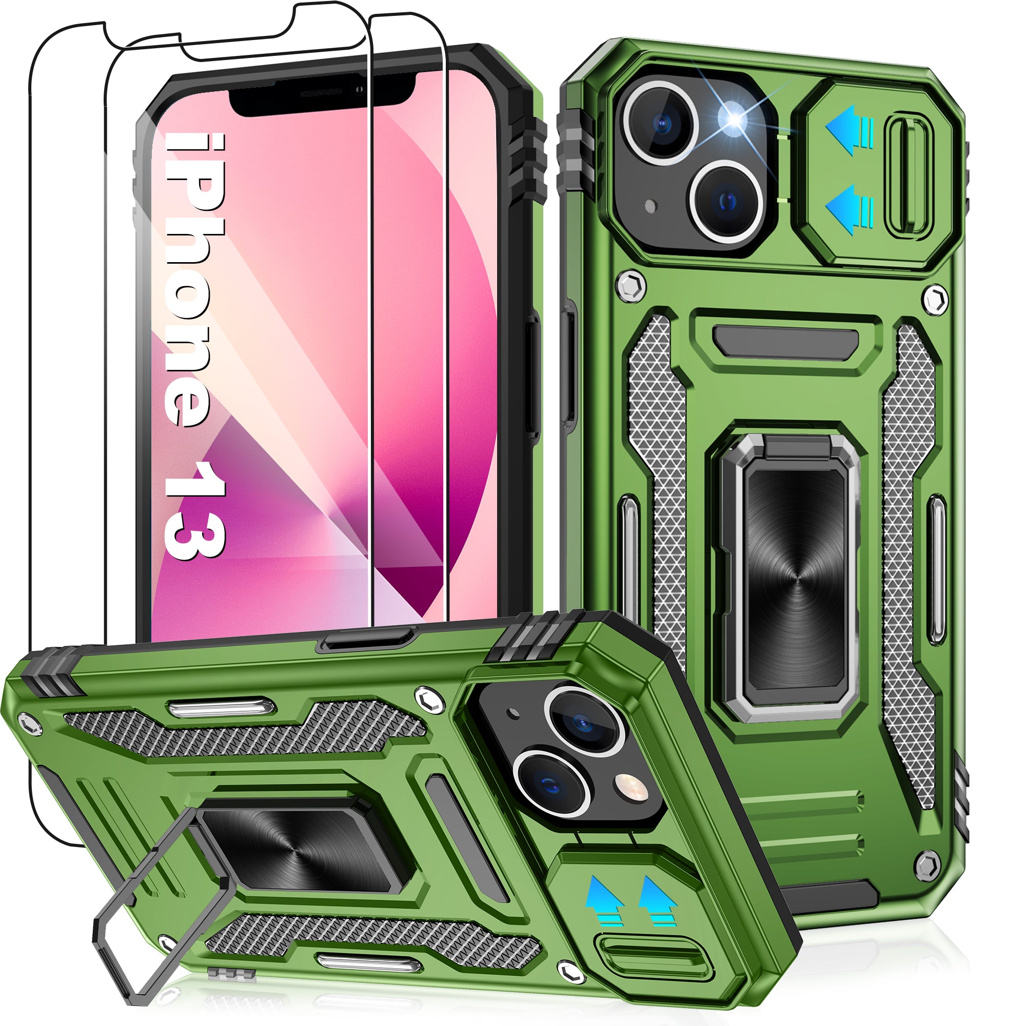 Jshru for iPhone 13 Case with Screen Protector,Camera Protective Cover,Ring Stand,Phone Case for Men and Women,Shockproof Bumper Phone Cover