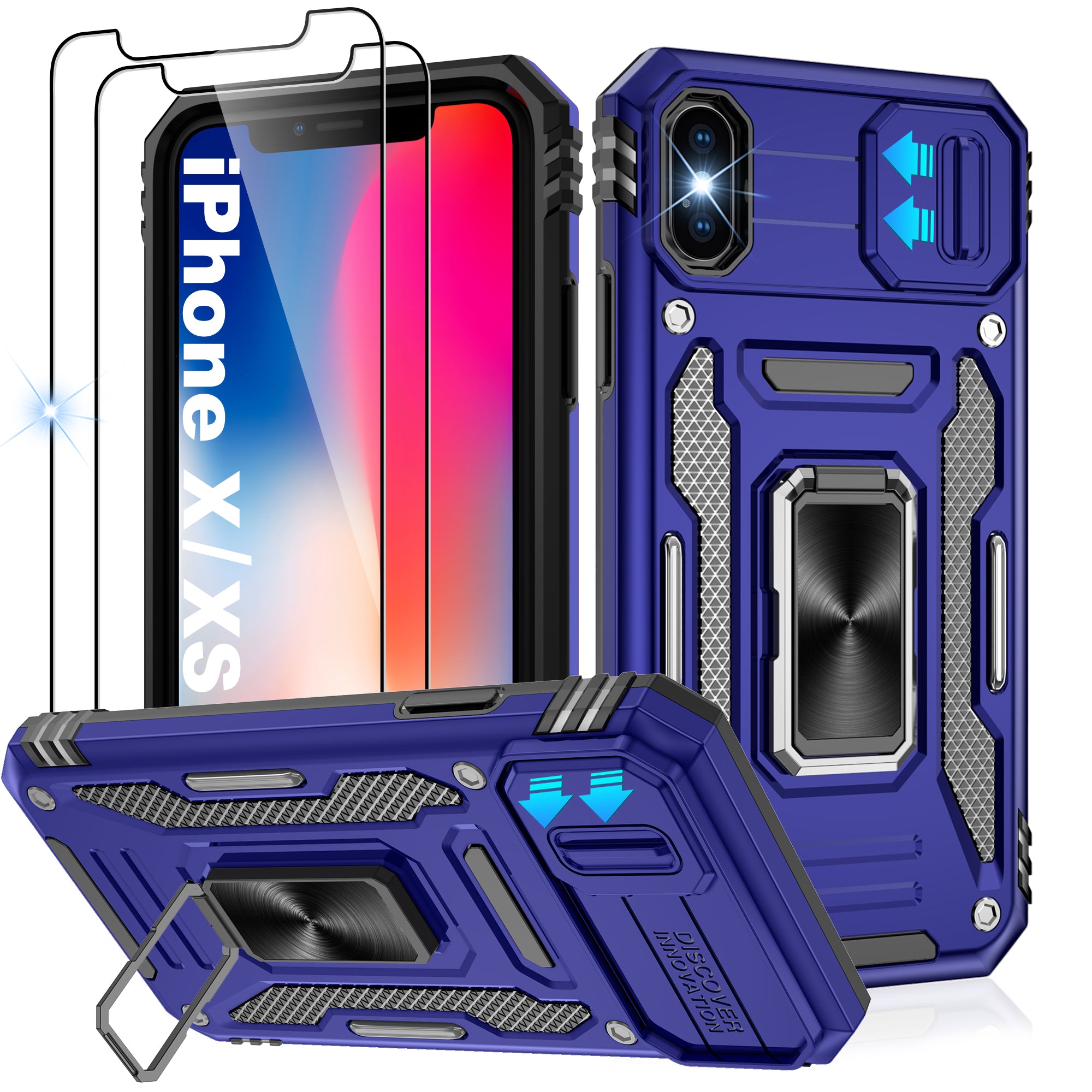 Jshru for iPhone X/XS Case with Screen Protector,Camera Protective Cover,Ring Stand,Phone Case for Men and Women,Shockproof Bumper Phone Cover
