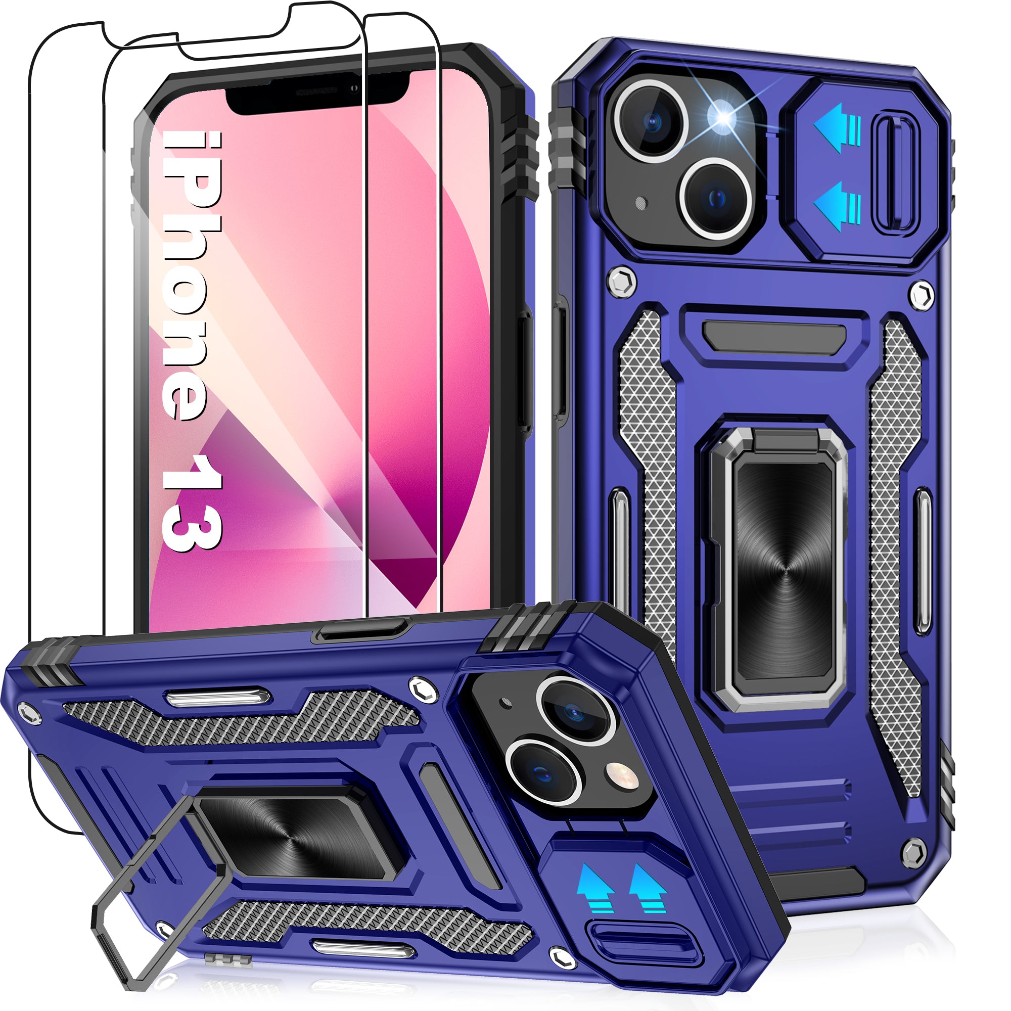 Jshru for iPhone 13 Case with Screen Protector,Camera Protective Cover,Ring Stand,Phone Case for Men and Women,Shockproof Bumper Phone Cover