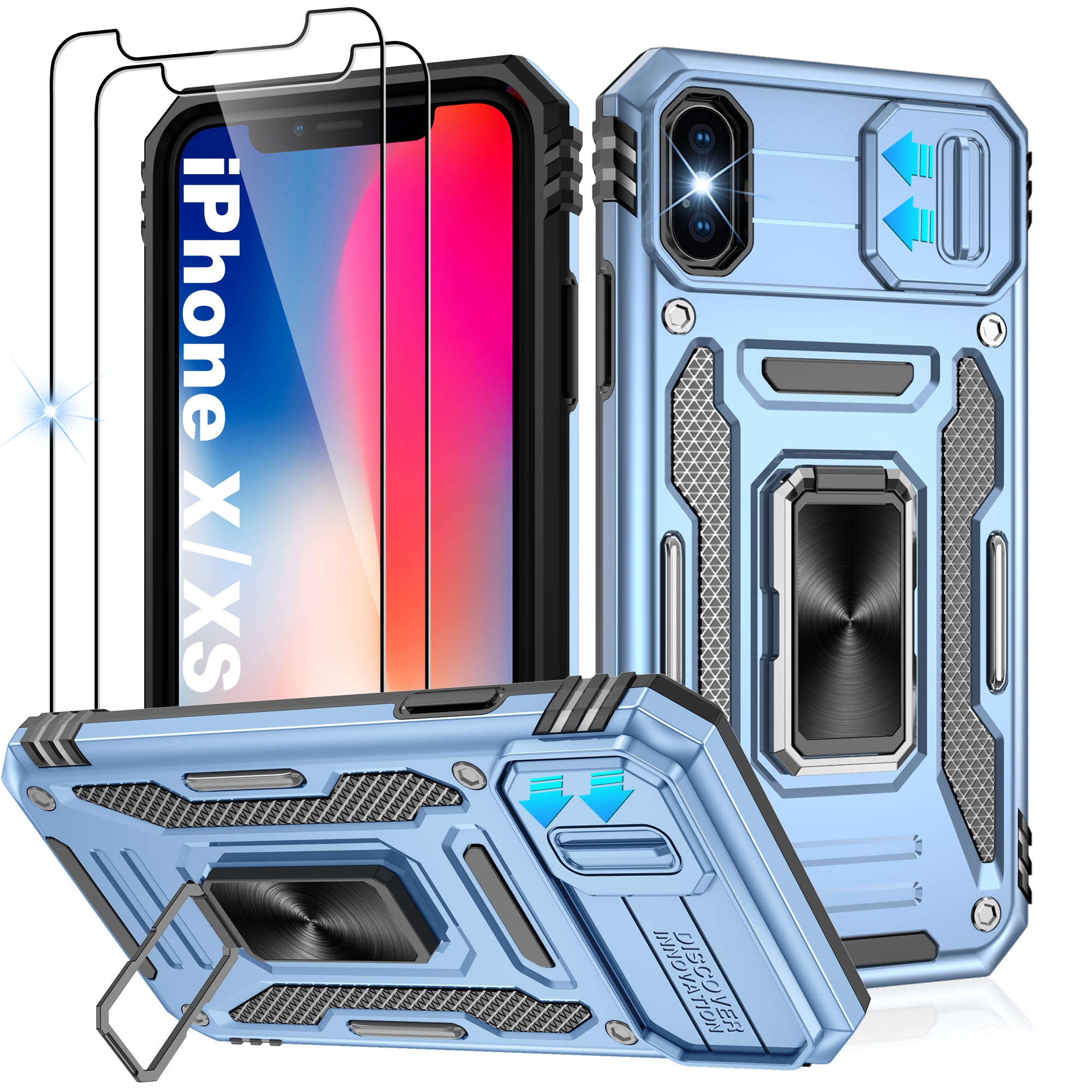 Jshru for iPhone X/XS Case with Screen Protector,Camera Protective Cover,Ring Stand,Phone Case for Men and Women,Shockproof Bumper Phone Cover