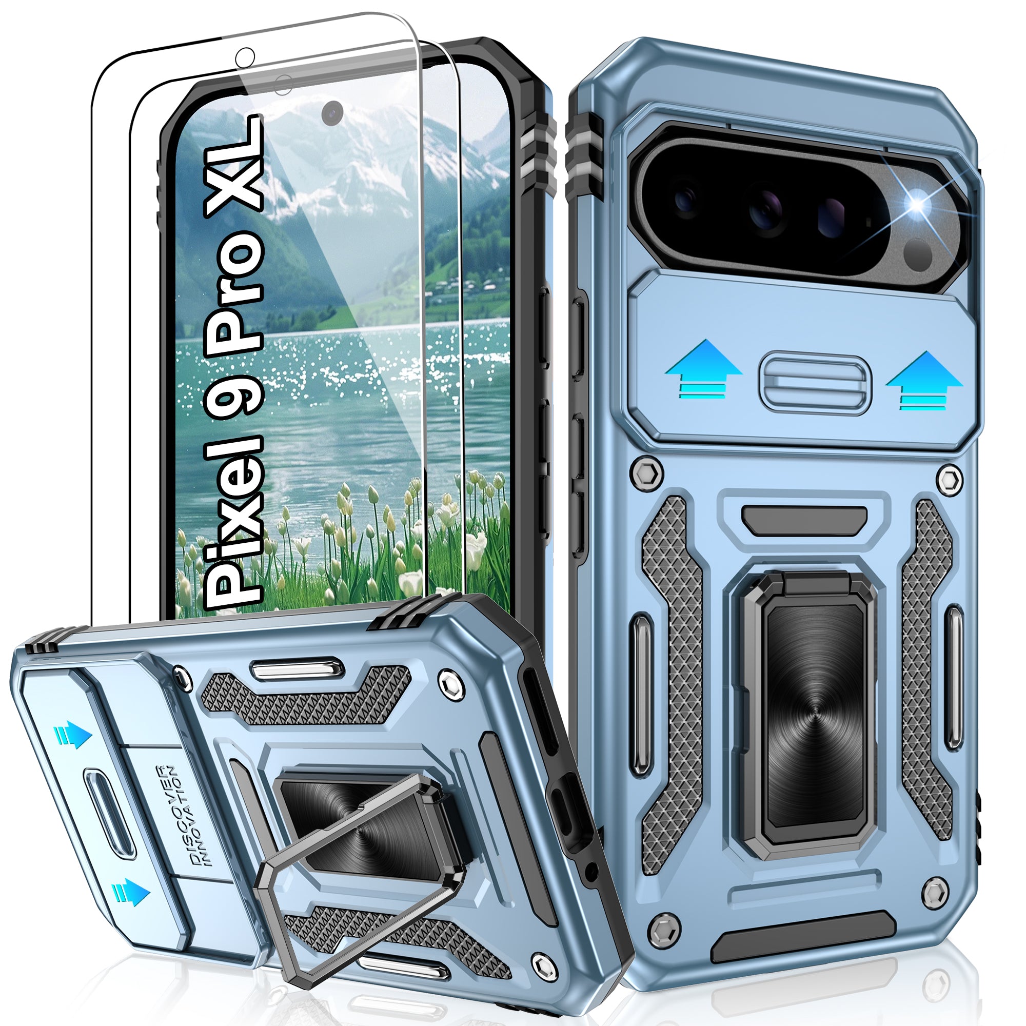 Jshru for Google Pixel 9 Pro XL Case with Screen Protector,Camera Protective Cover,Ring Stand,Phone Case for Men and Women,Shockproof Bumper Phone Cover