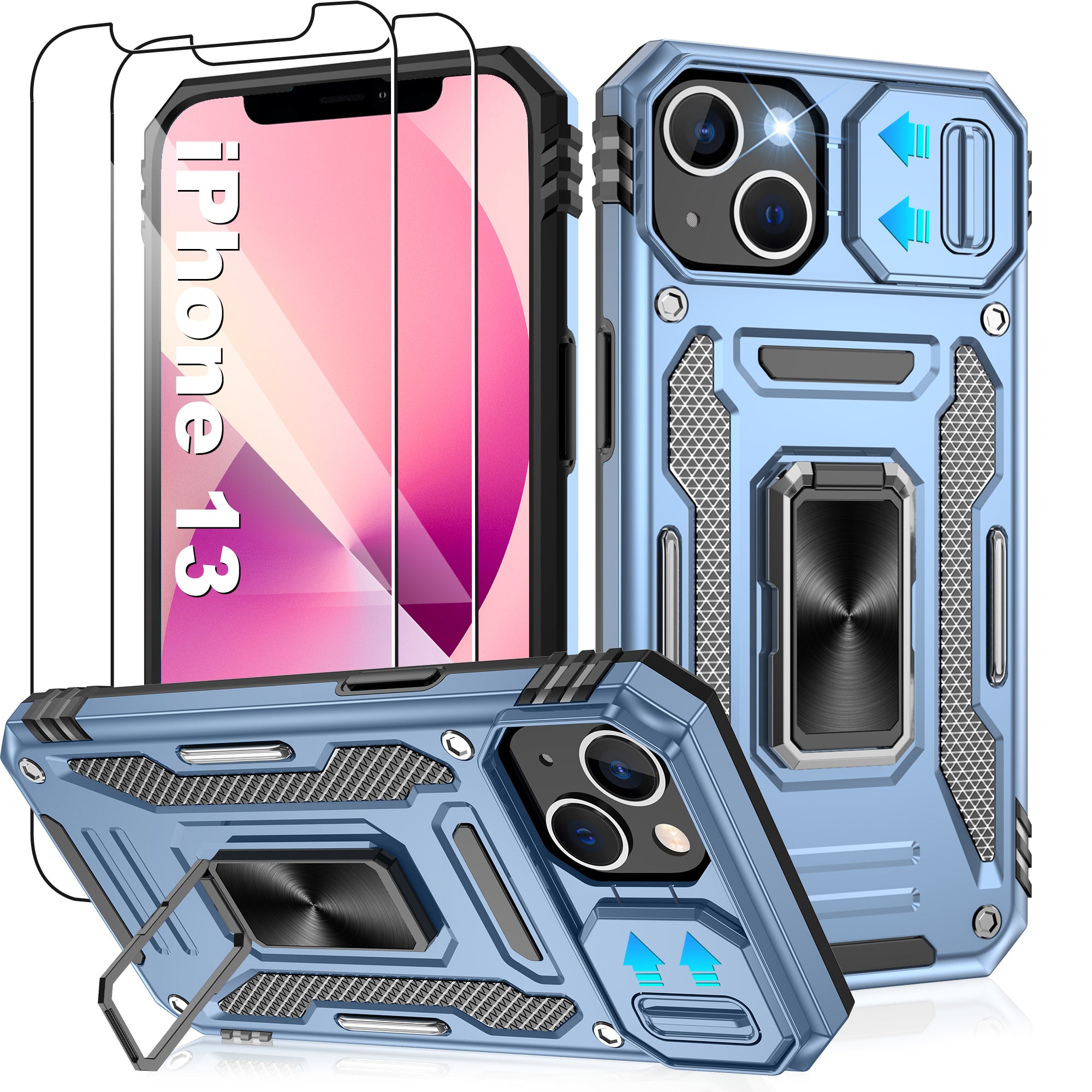 Jshru for iPhone 13 Case with Screen Protector,Camera Protective Cover,Ring Stand,Phone Case for Men and Women,Shockproof Bumper Phone Cover