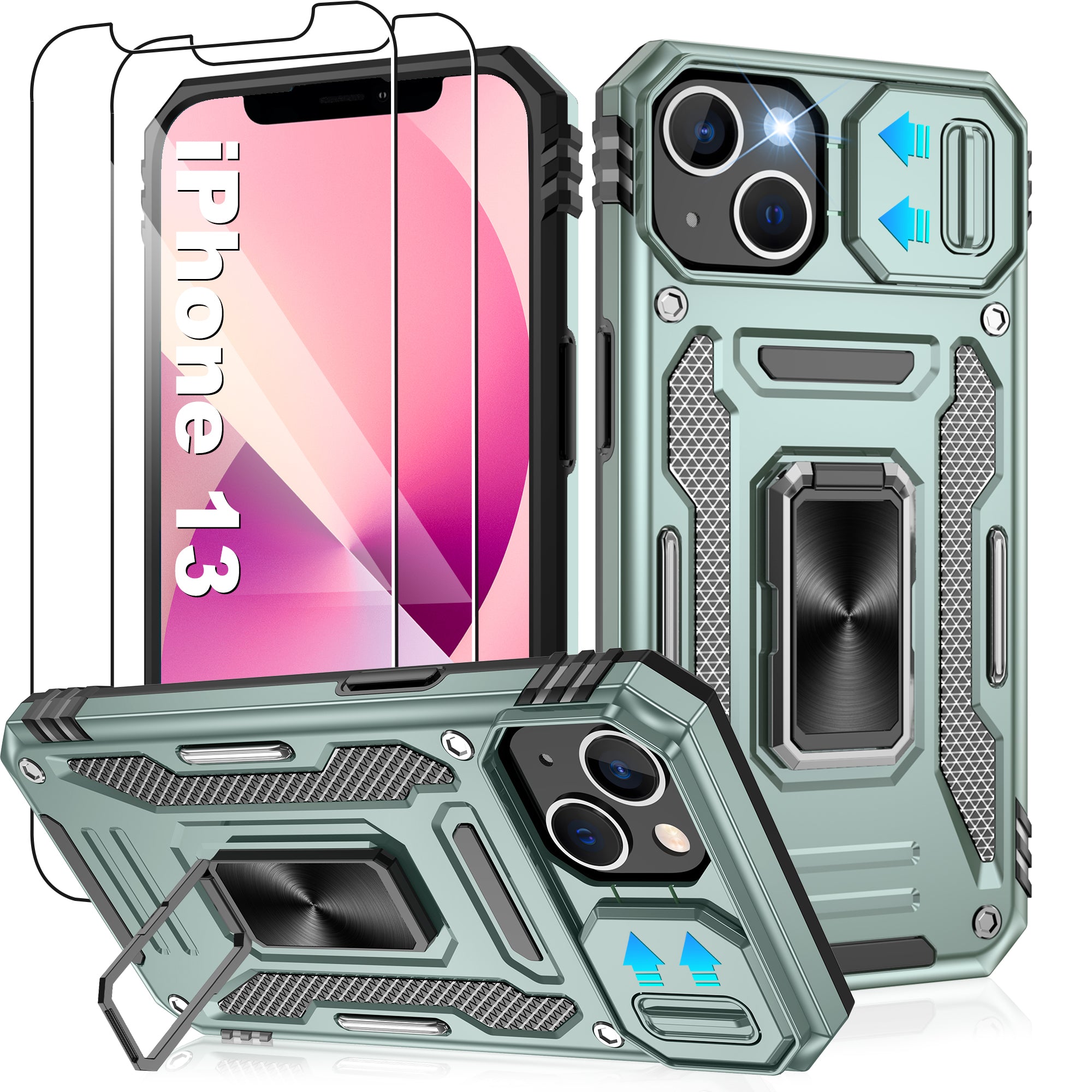 Jshru for iPhone 13 Case with Screen Protector,Camera Protective Cover,Ring Stand,Phone Case for Men and Women,Shockproof Bumper Phone Cover