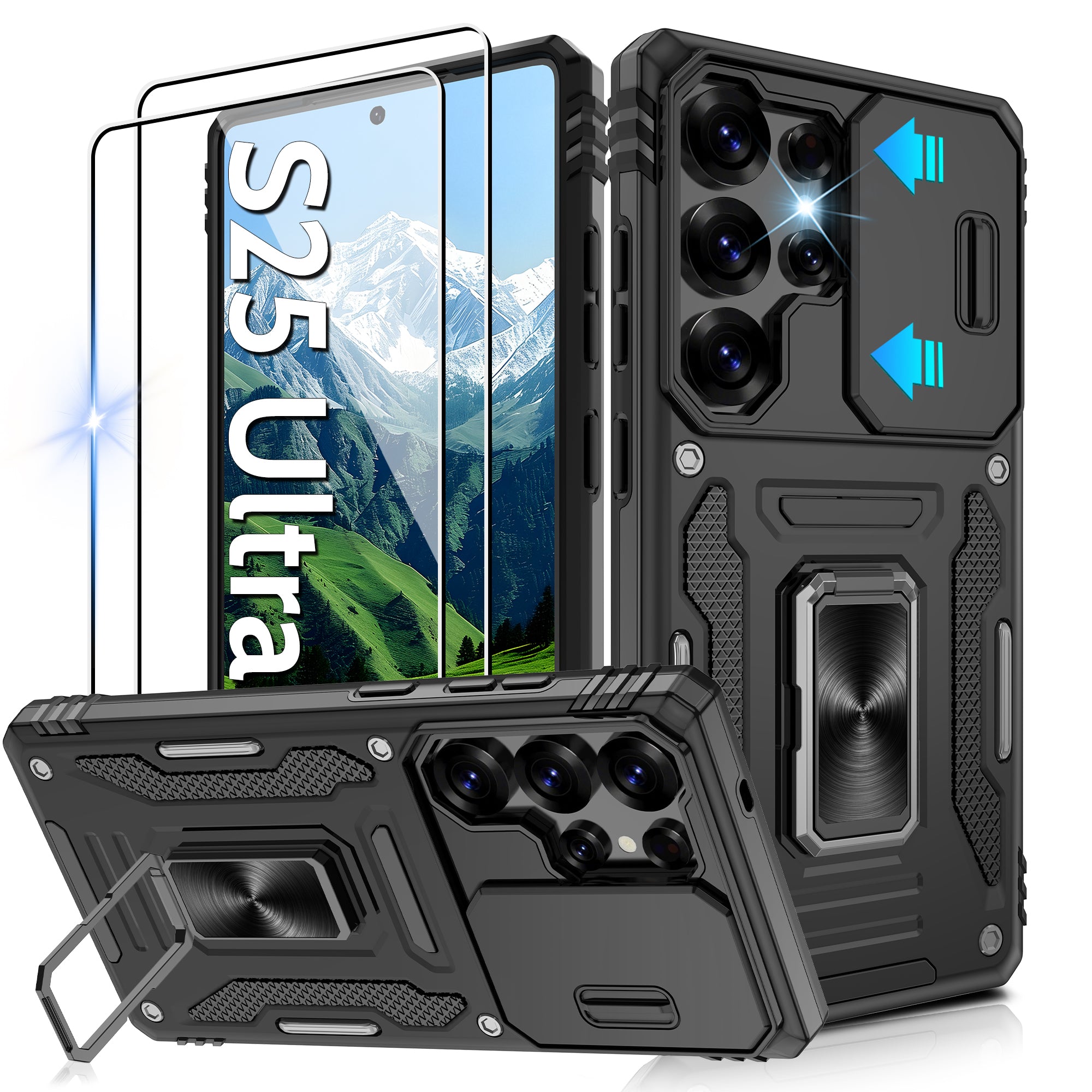 Jshru for Samsung Galaxy S25 Ultra Case with Screen Protector,Camera Protective Cover,Ring Stand,Phone Case for Men and Women,Shockproof Bumper Phone Cover